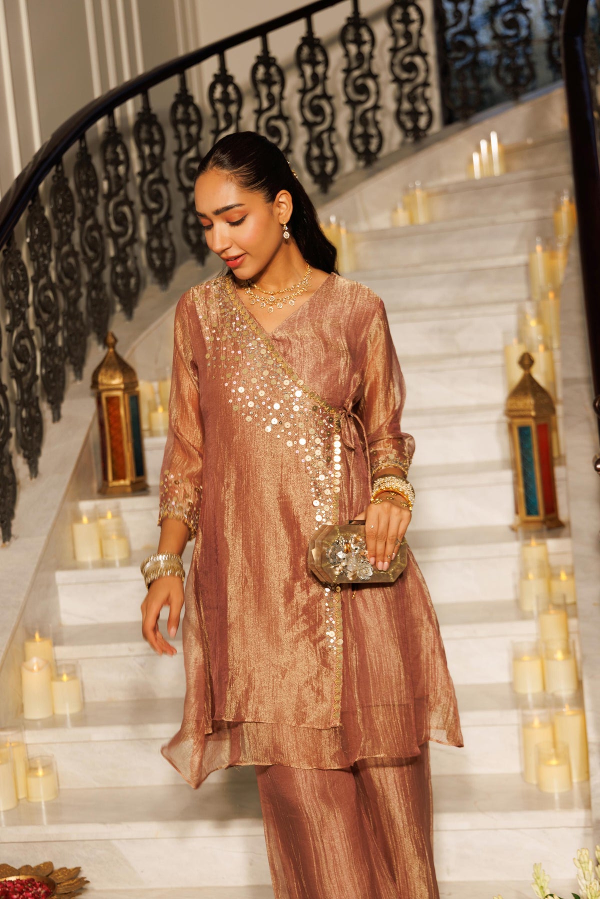 Metallic Bronze Embellished Shimmer Silk Co-Ord Set