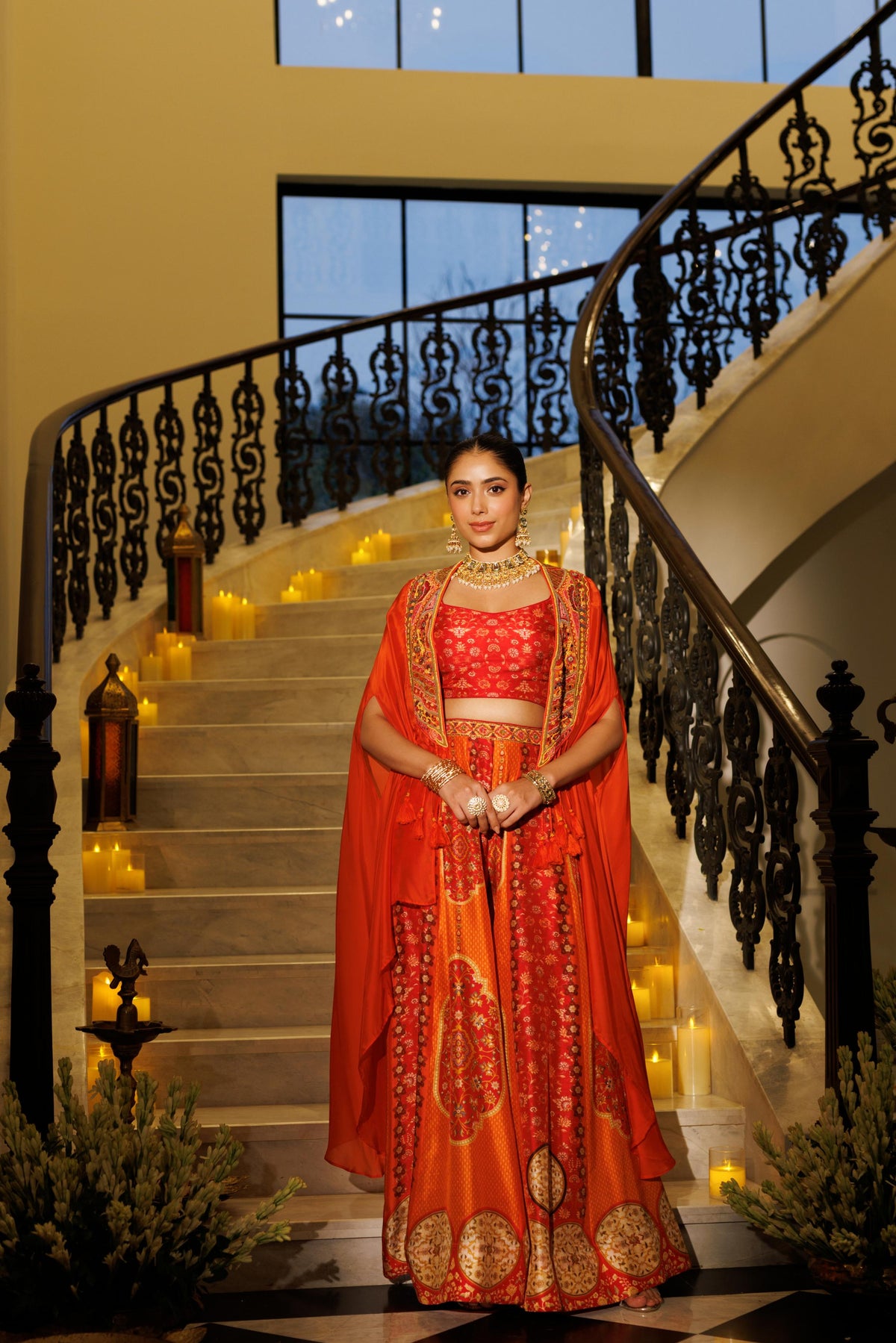 Sunset Orange Embellished Organza Silk Palazzo Set