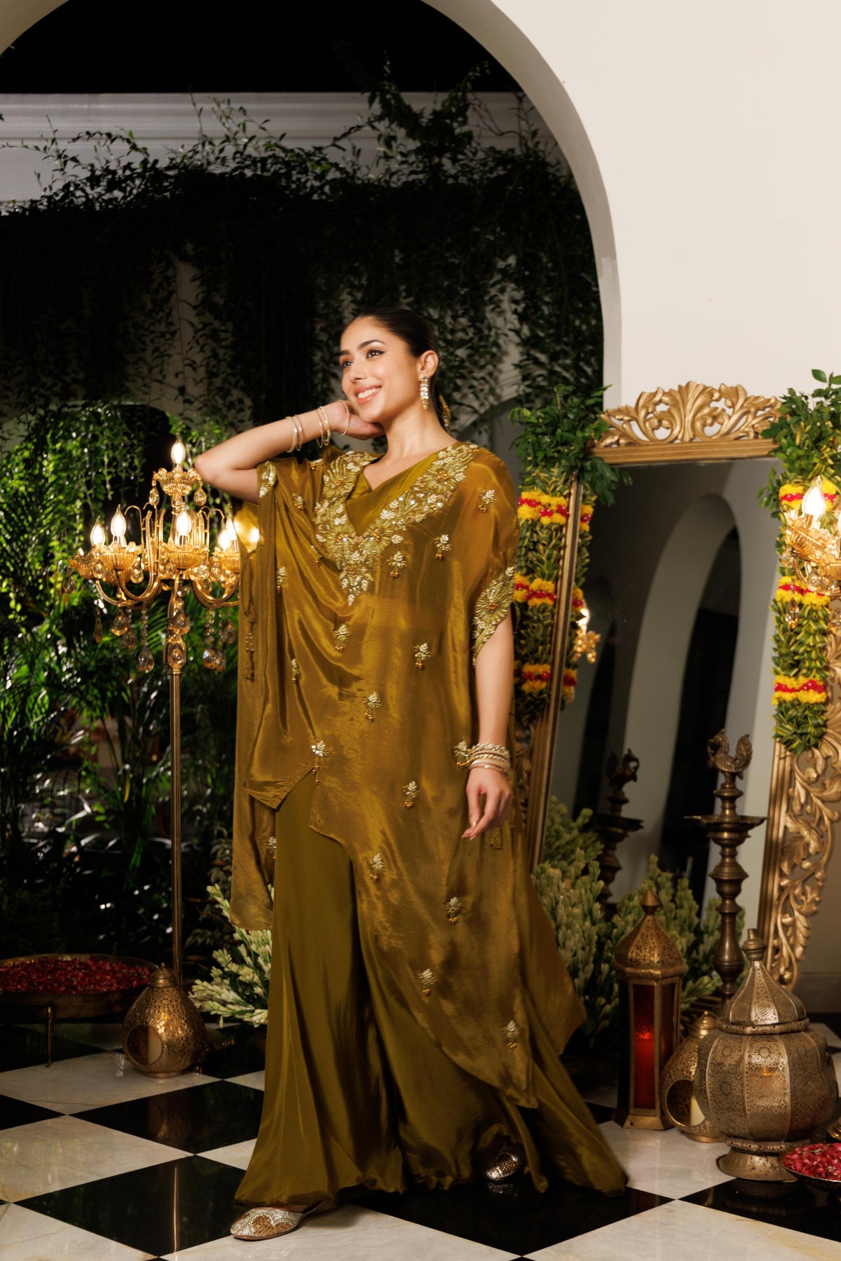 Olive Green Embellished Tissue Silk Kaftan Set