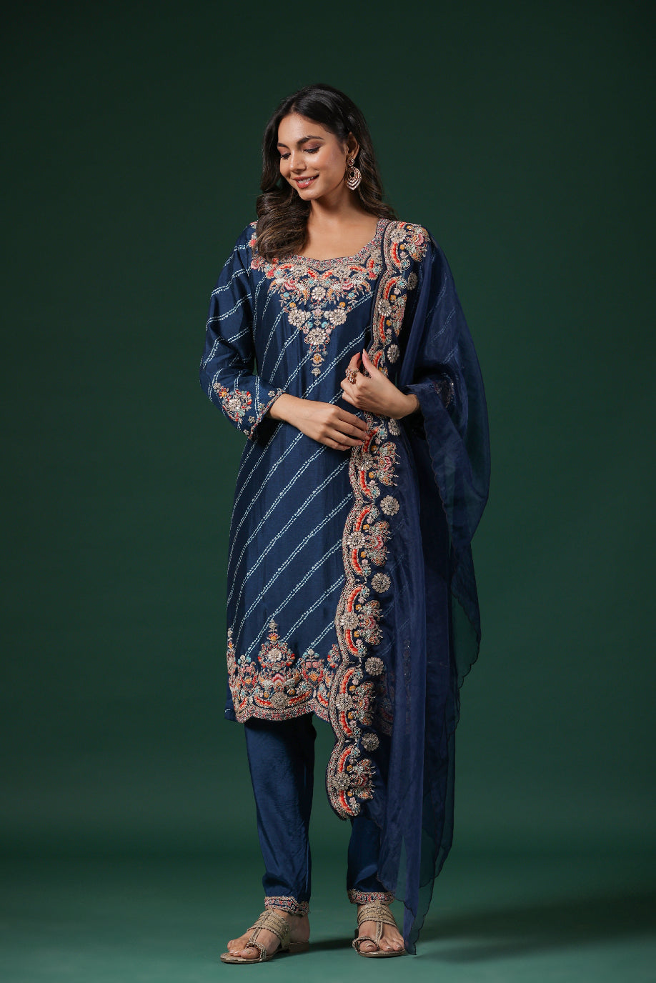 Deep Blue Embellished Habutai Silk Pants Set