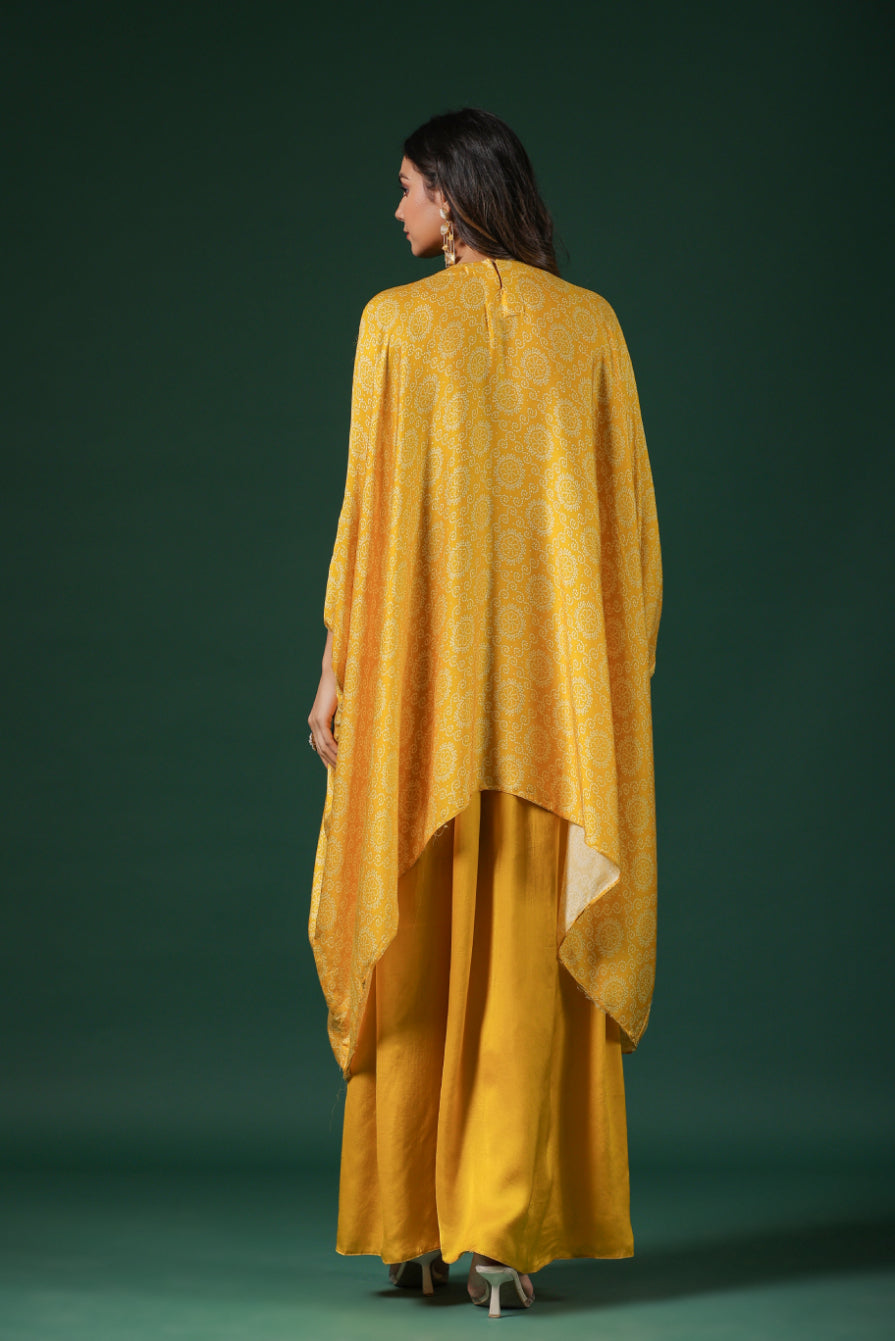 Yellow Embroidered Habutai Silk Kaftan Palazzo Set