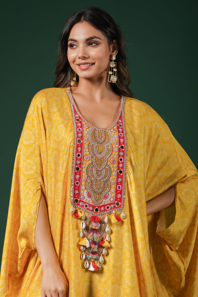 Yellow Embroidered Habutai Silk Kaftan Palazzo Set