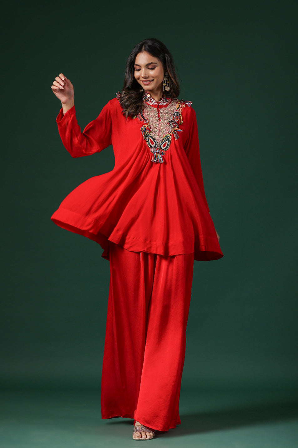 Bright Red Embroidered Premium Silk Co-Ord Set