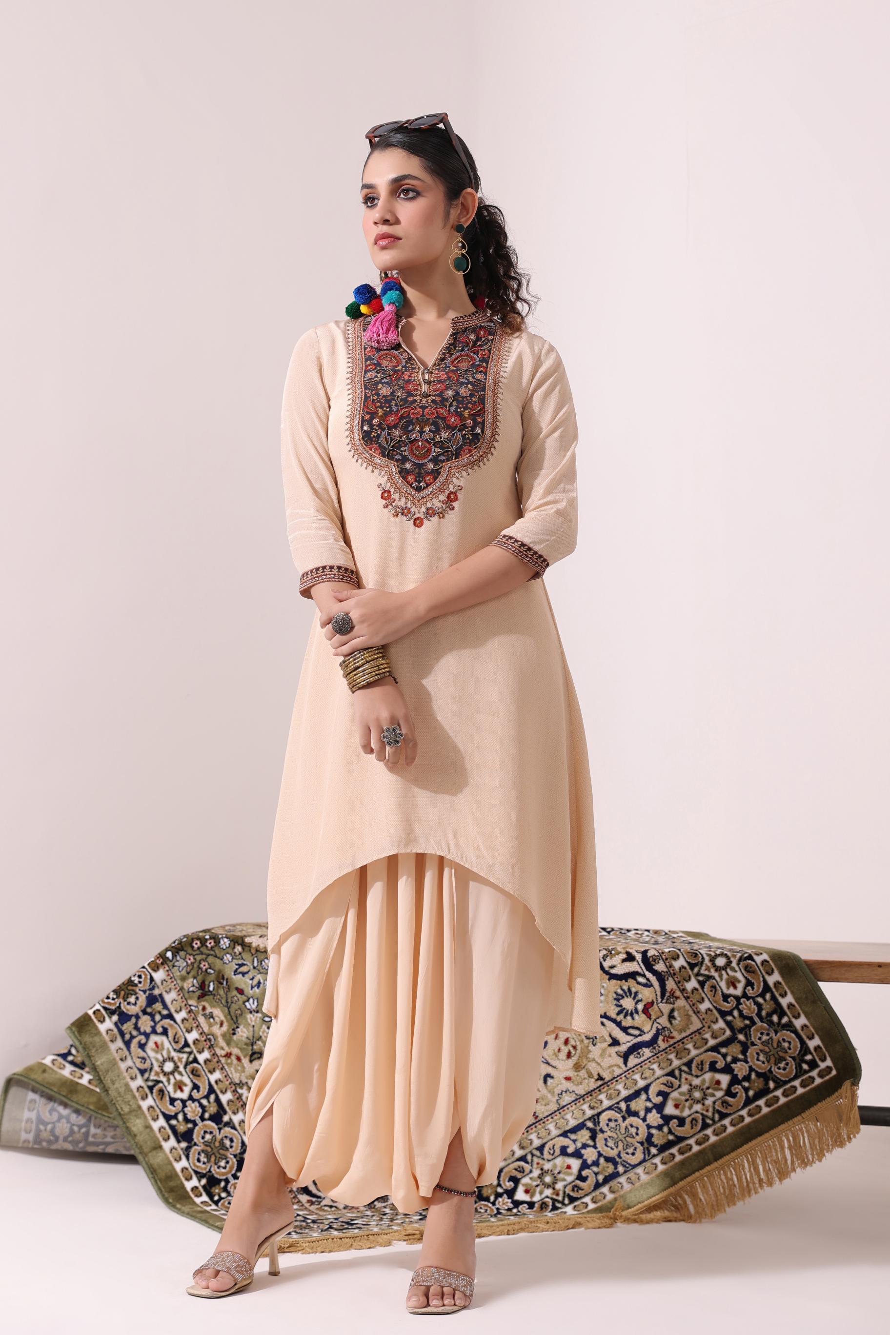 Pastel Cream Traditional Printed Crepe Silk Dhoti Set