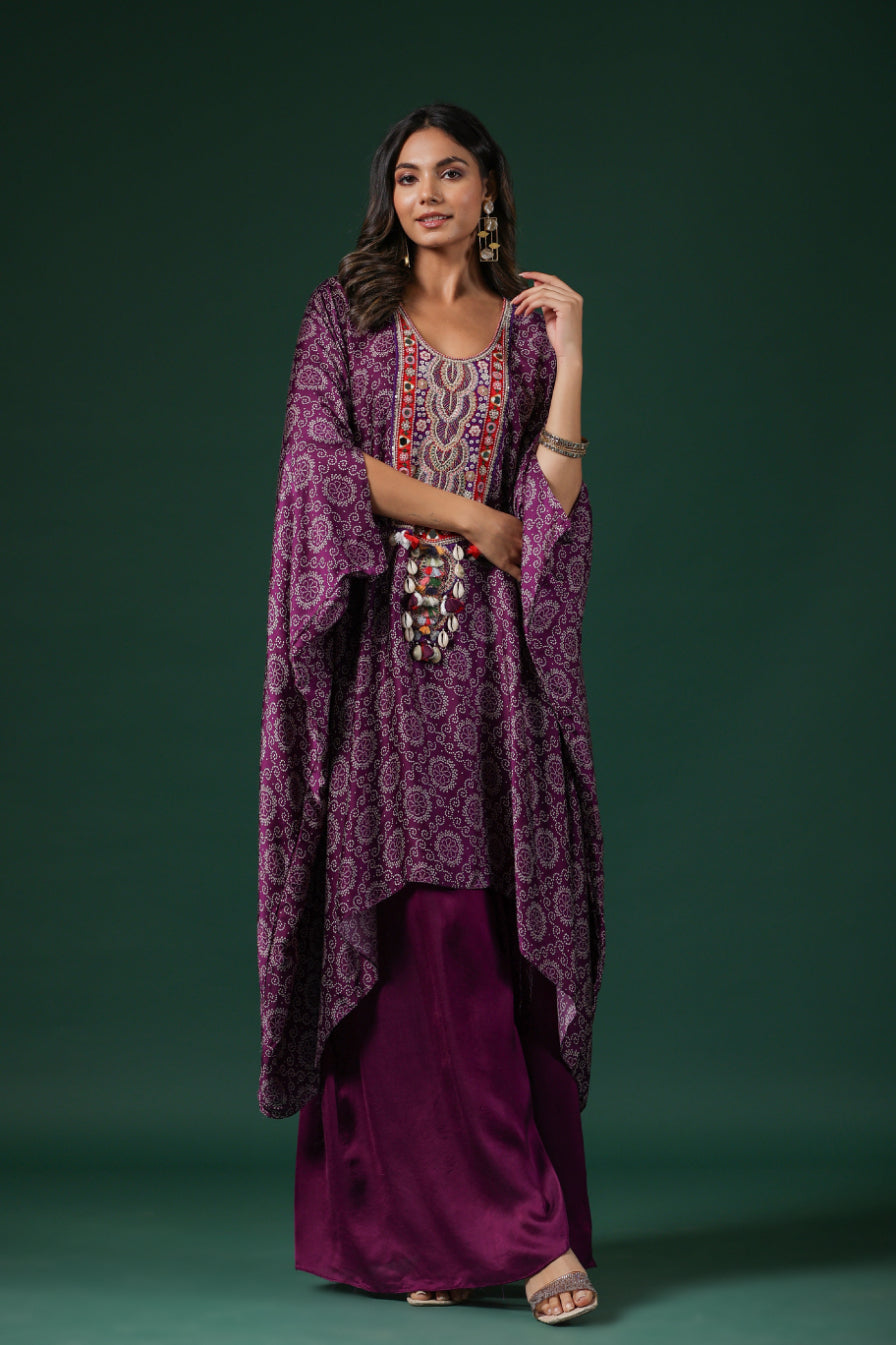 Purple Embroidered Habutai Silk Kaftan Palazzo Set