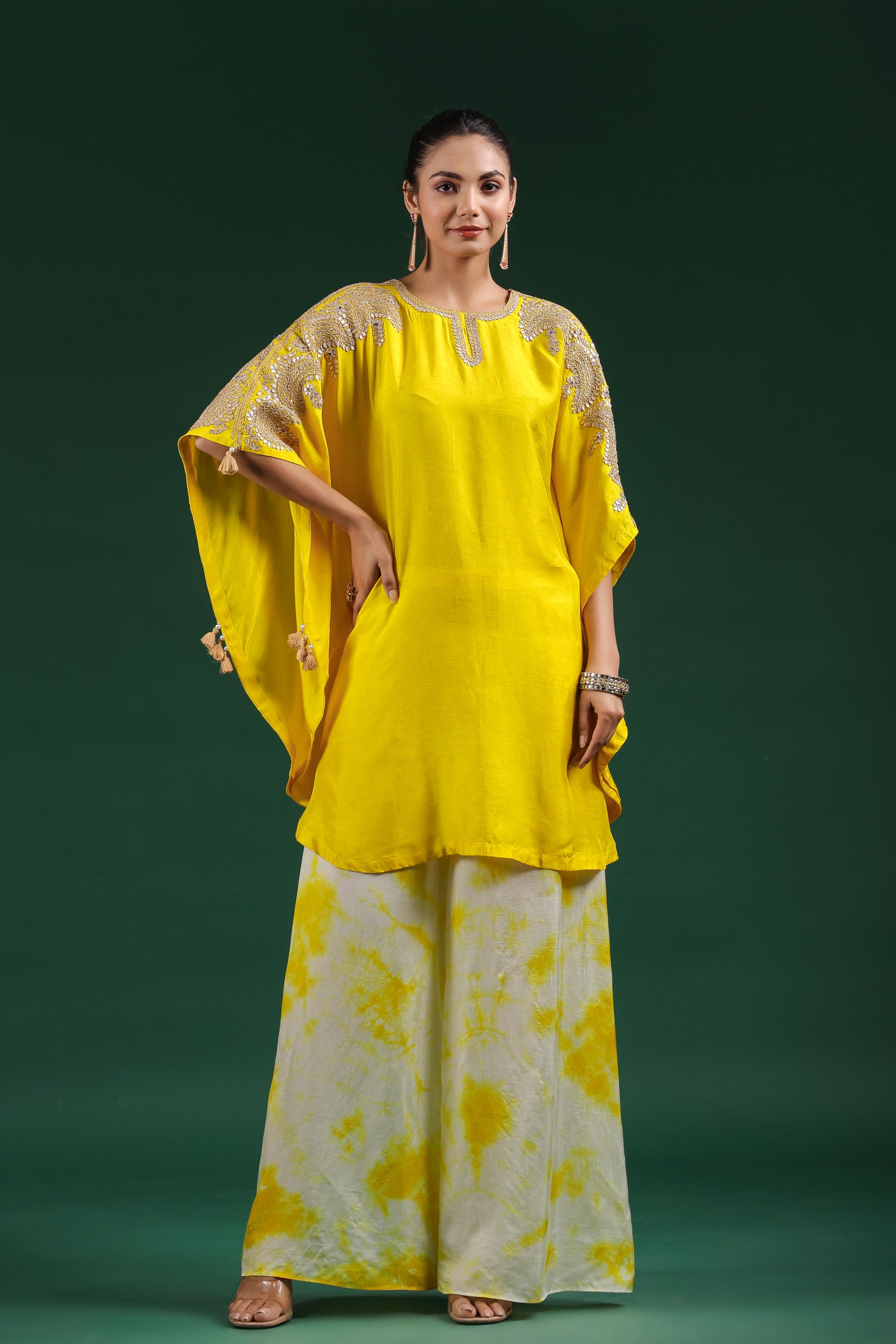 Bright Yellow Embellished Raw Silk Kaftan & Palazzo Set