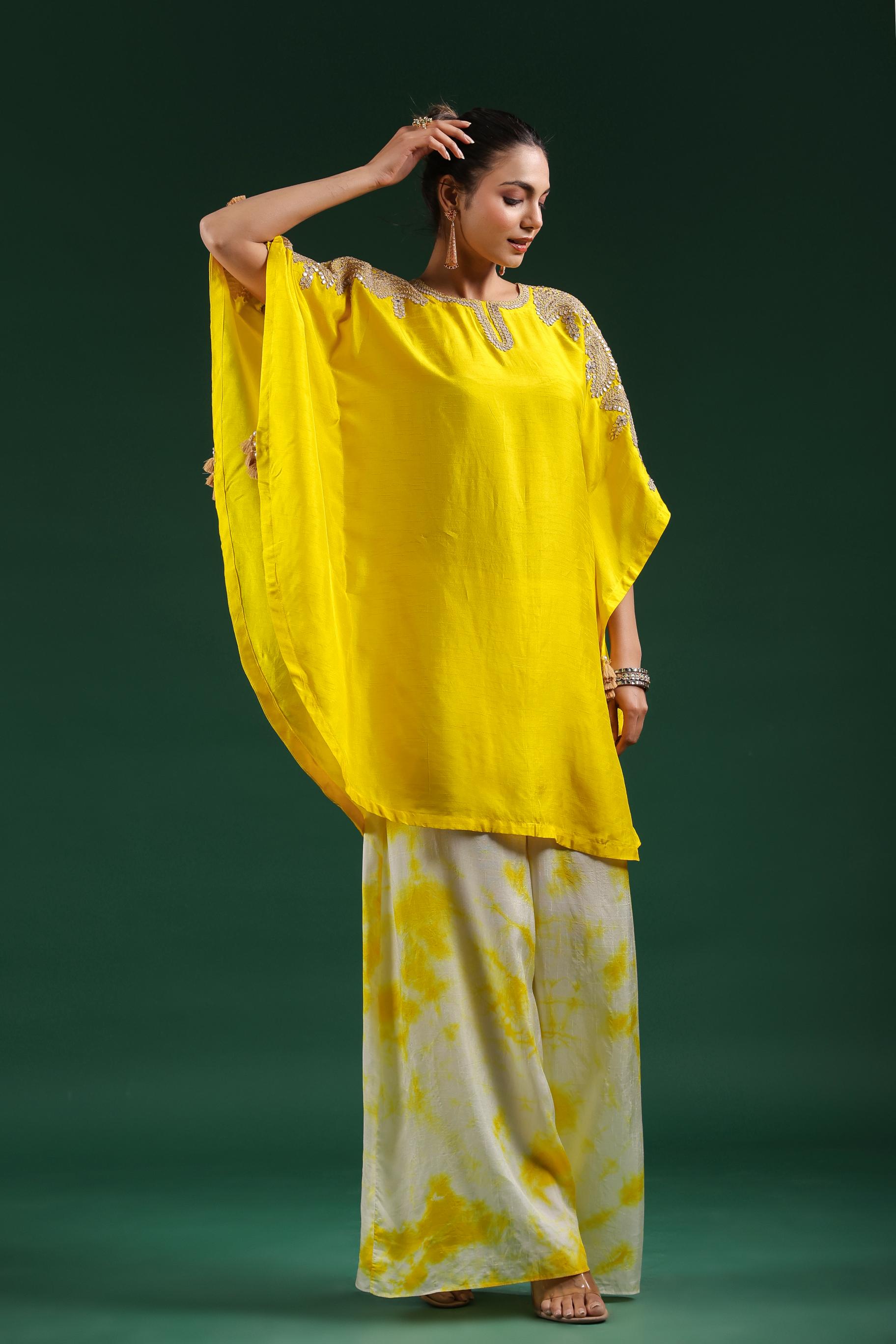 Bright Yellow Embellished Raw Silk Kaftan & Palazzo Set