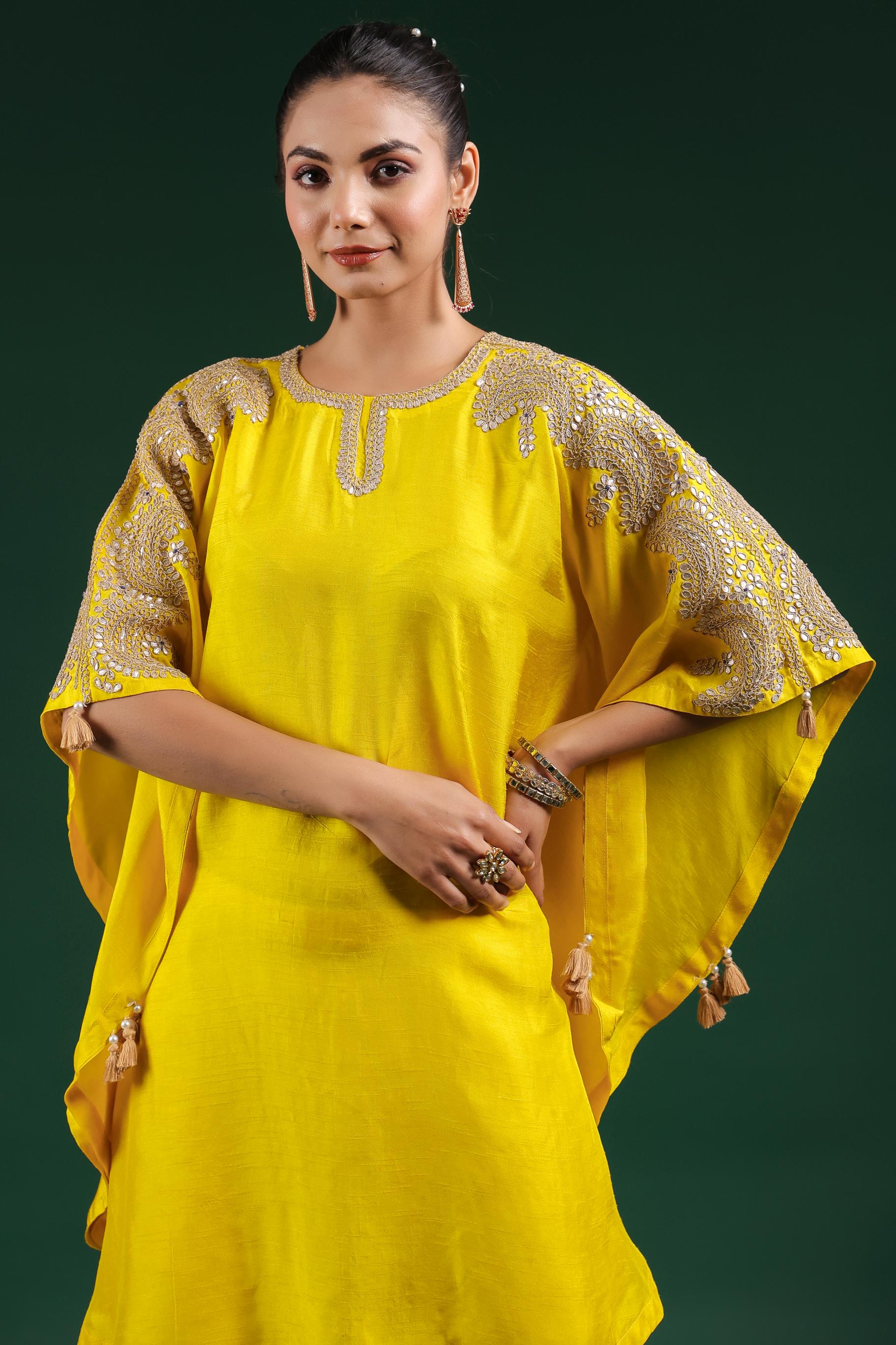 Bright Yellow Embellished Raw Silk Kaftan & Palazzo Set