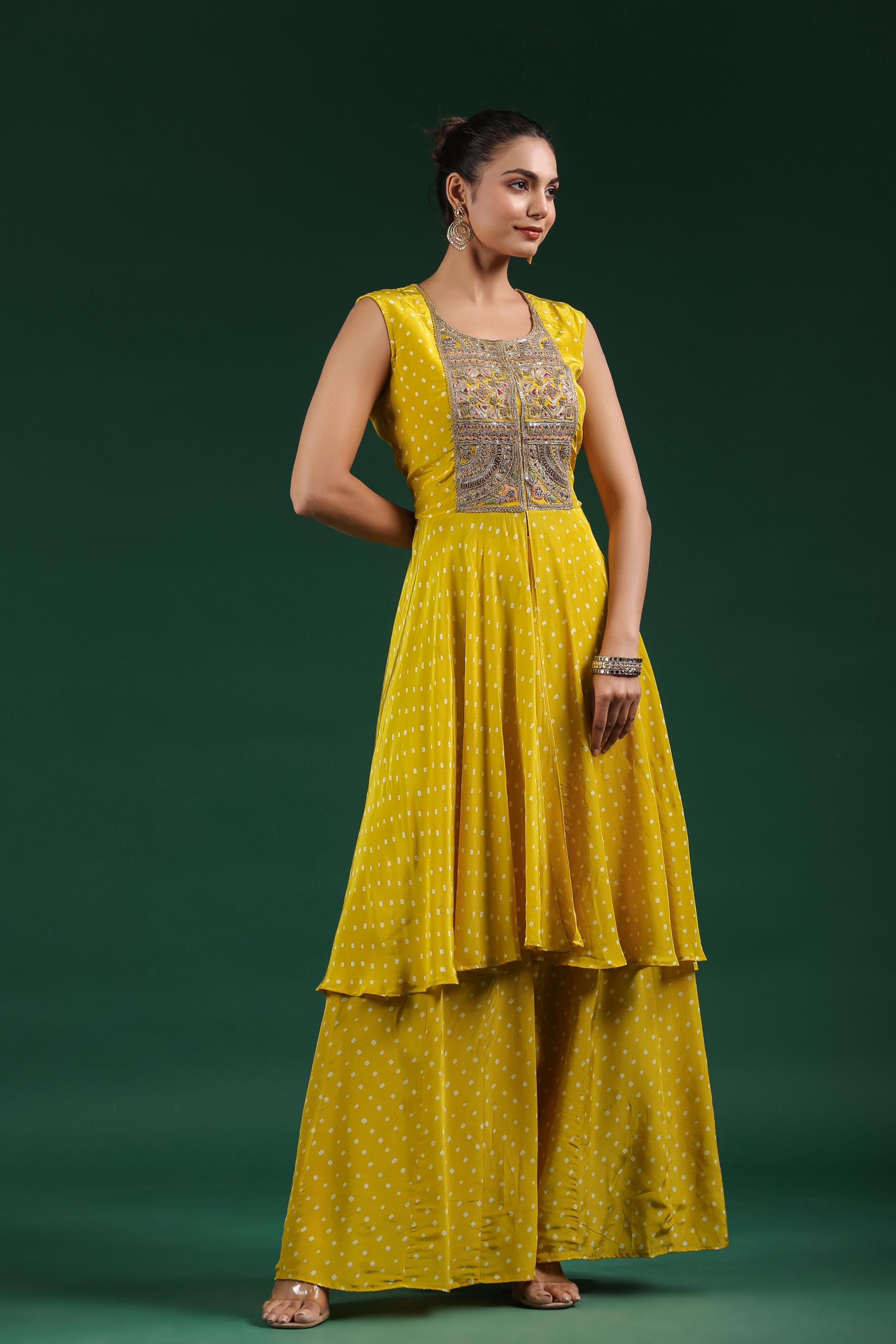 Yellow Bandhani Embroidered Tunic & Palazzo