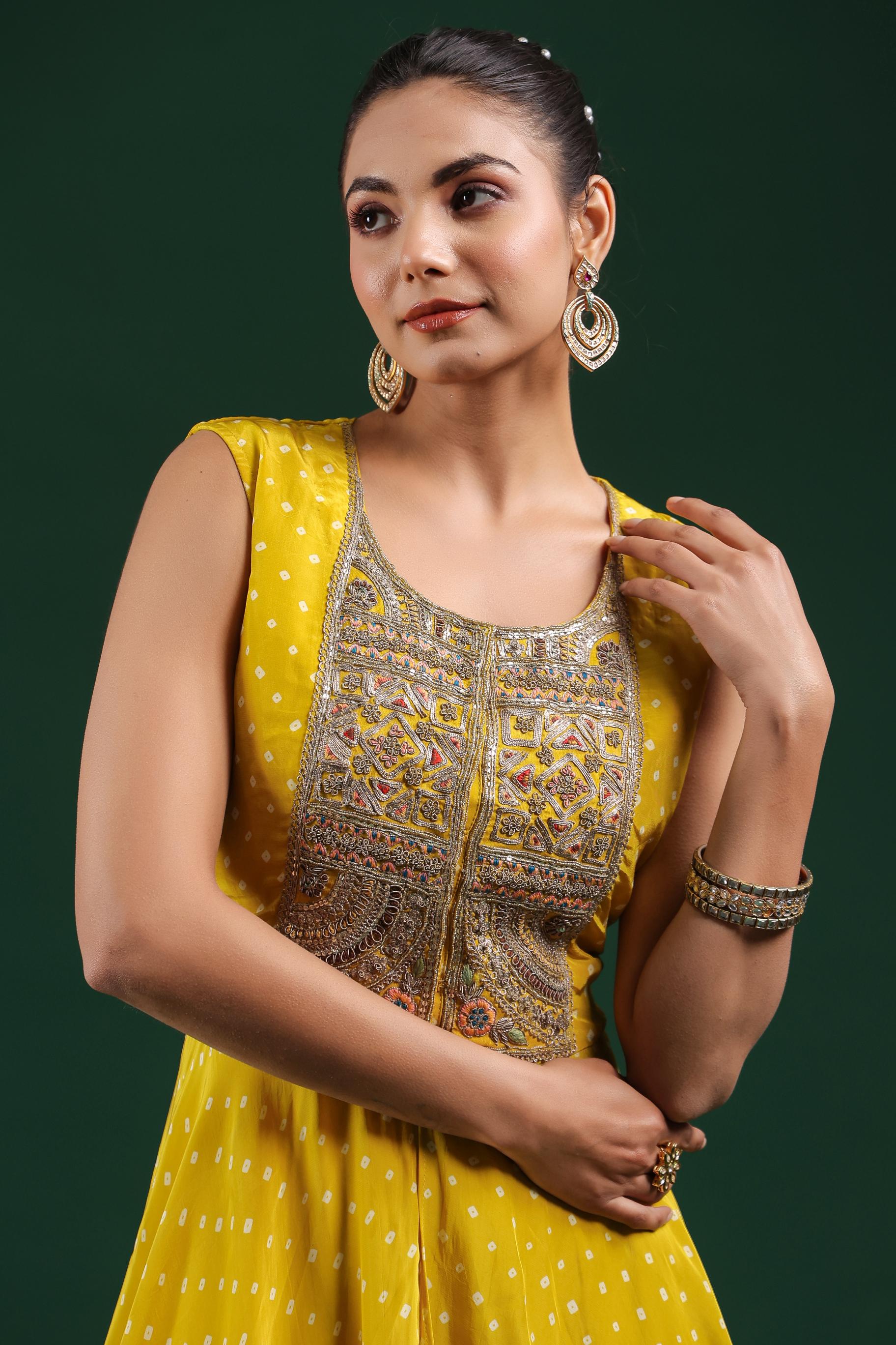 Yellow Bandhani Embroidered Tunic & Palazzo