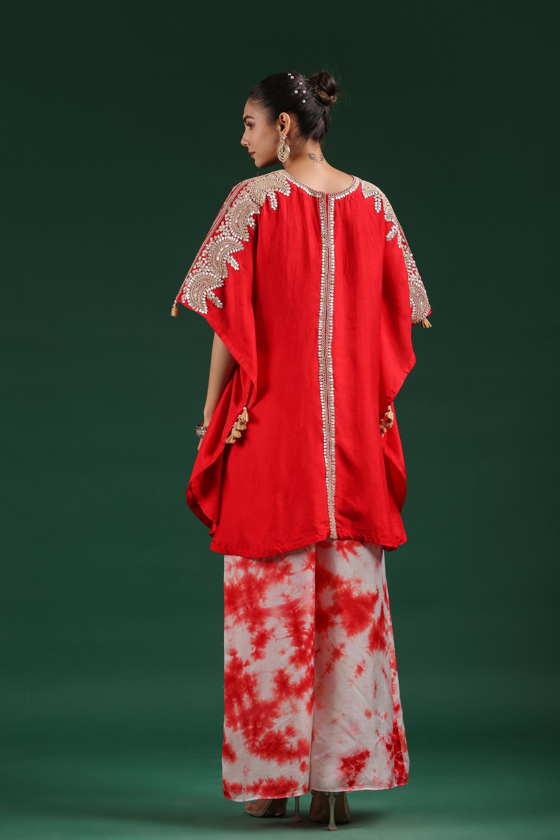 Red Embellished Raw Silk Kaftan & Palazzo Set