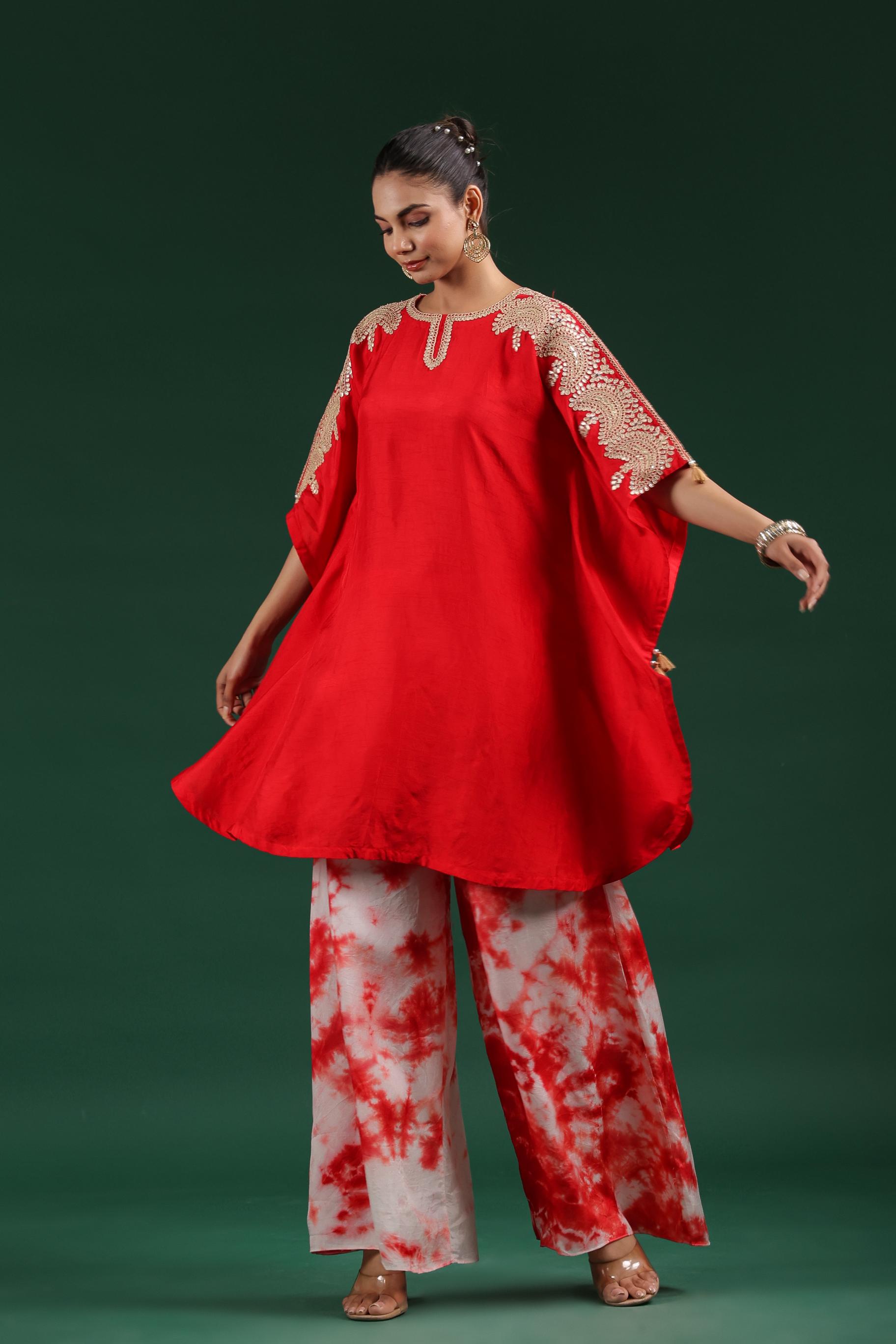 Red Embellished Raw Silk Kaftan & Palazzo Set