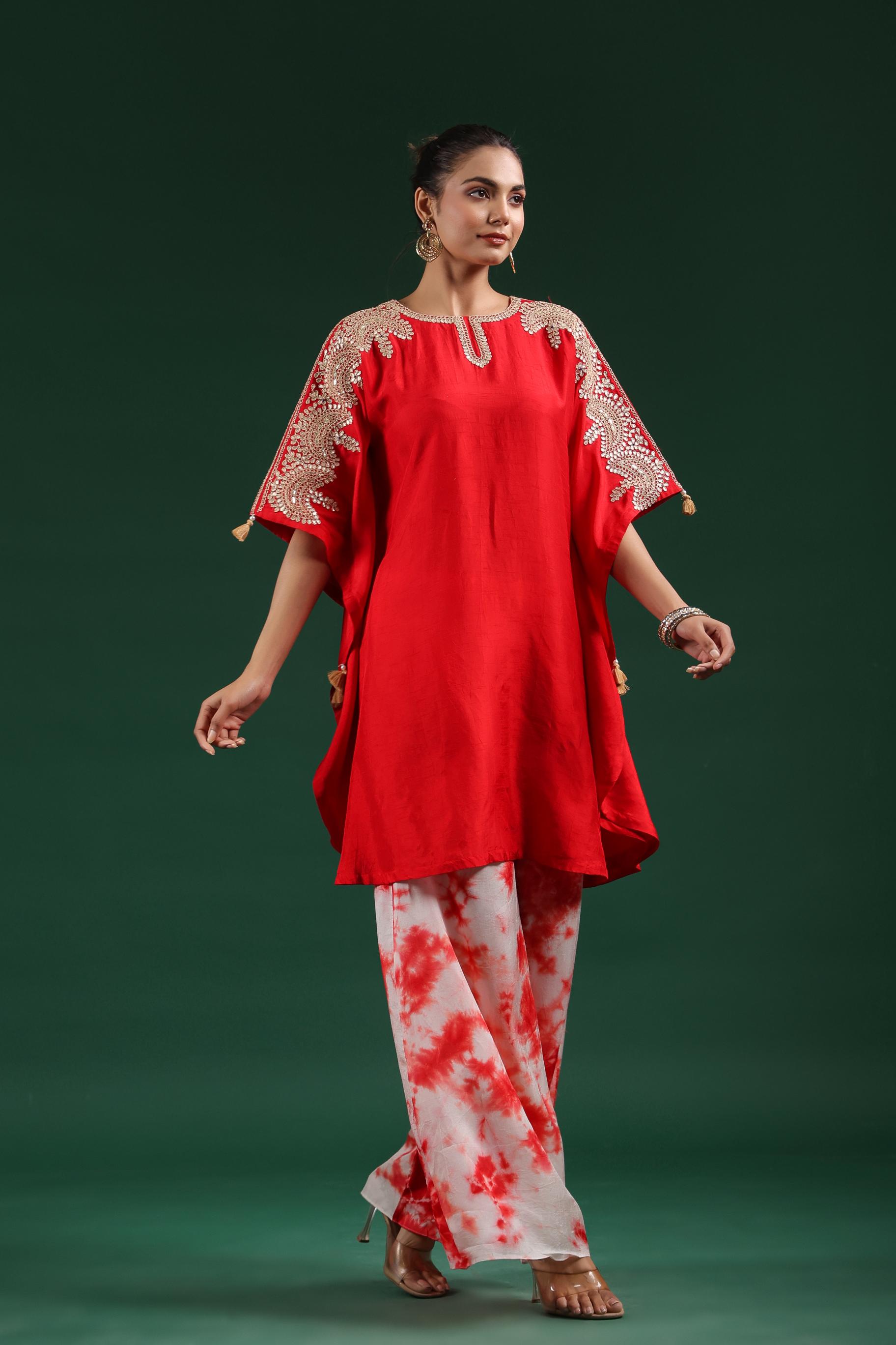 Red Embellished Raw Silk Kaftan & Palazzo Set