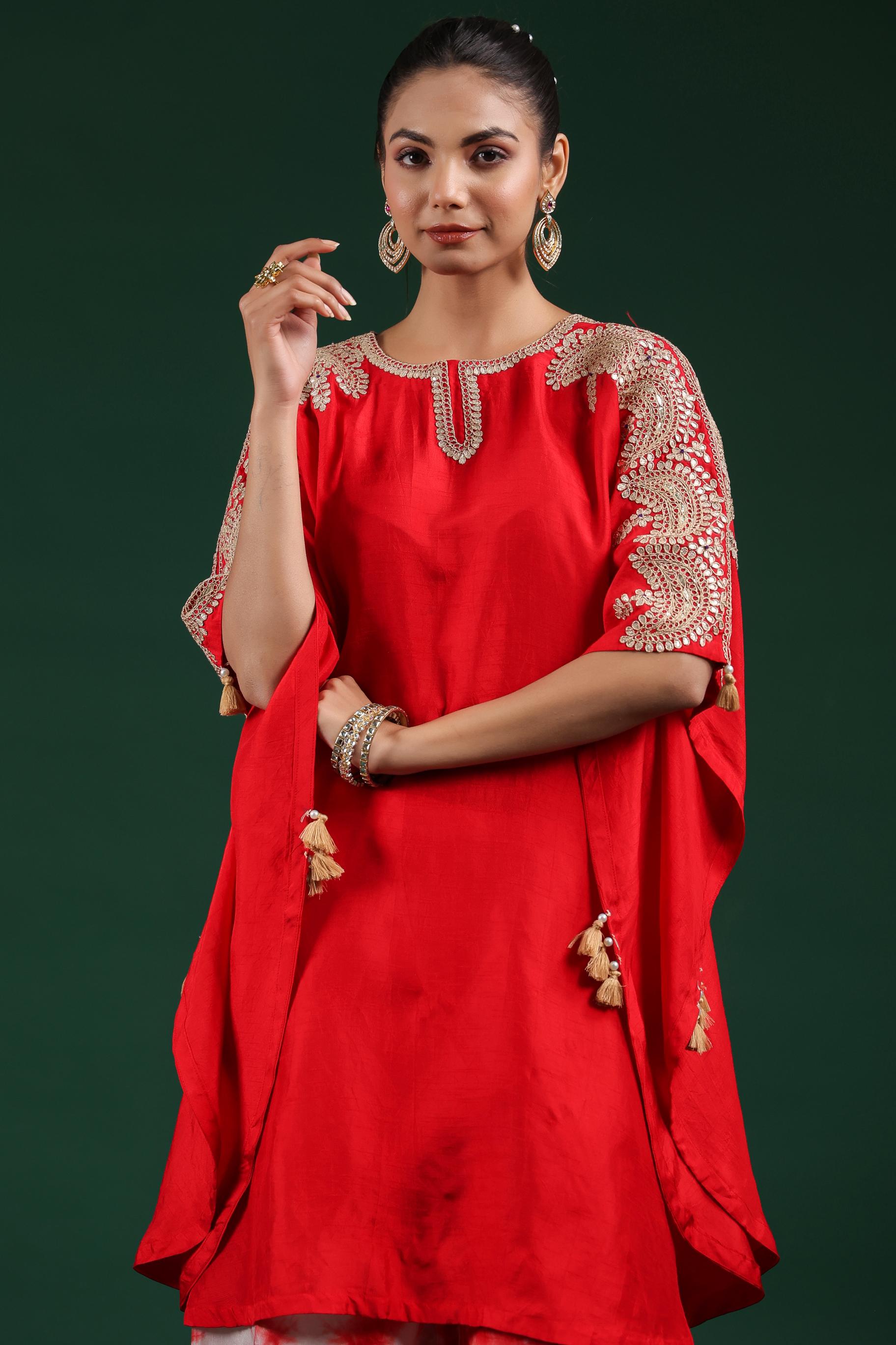 Red Embellished Raw Silk Kaftan & Palazzo Set