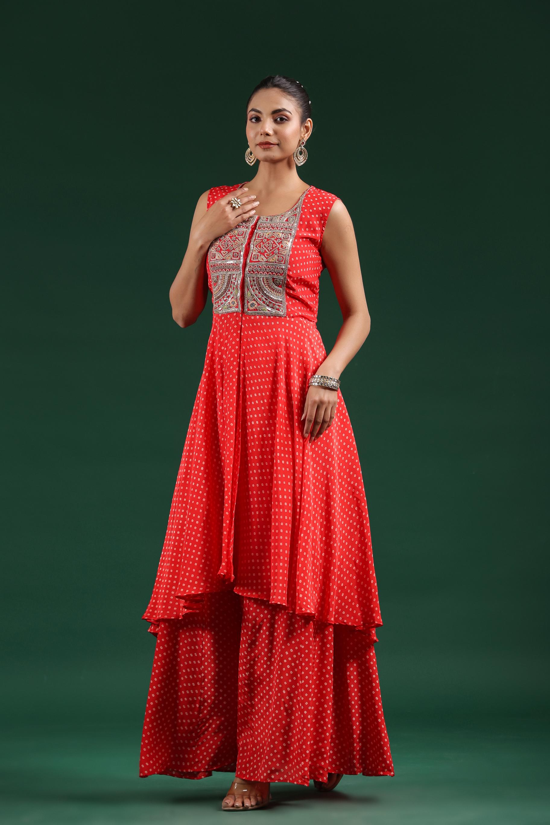 Red Bandhani Embroidered Tunic & Palazzo