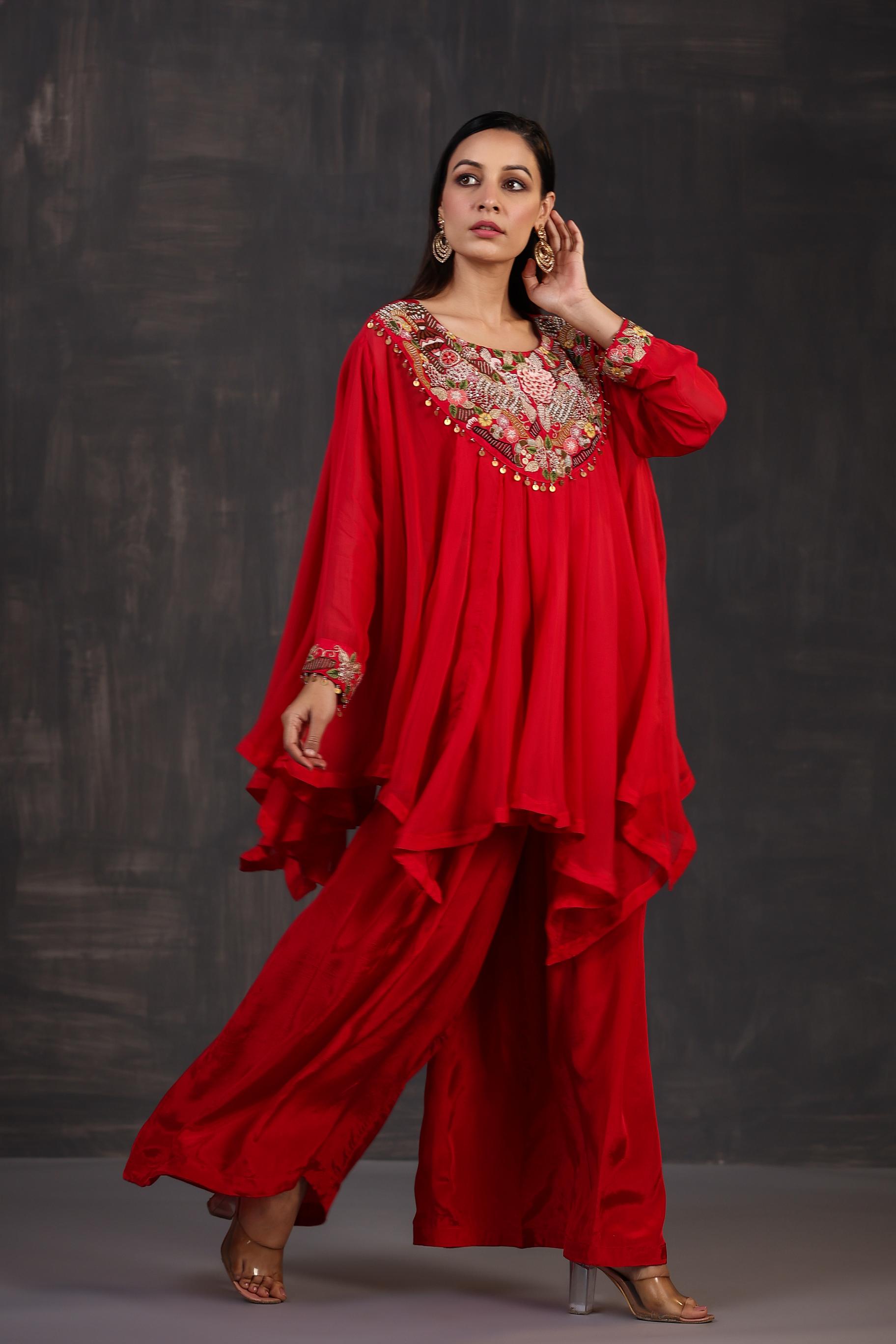 Hot Red Embellished Premium Organza Silk Co-Ord Set