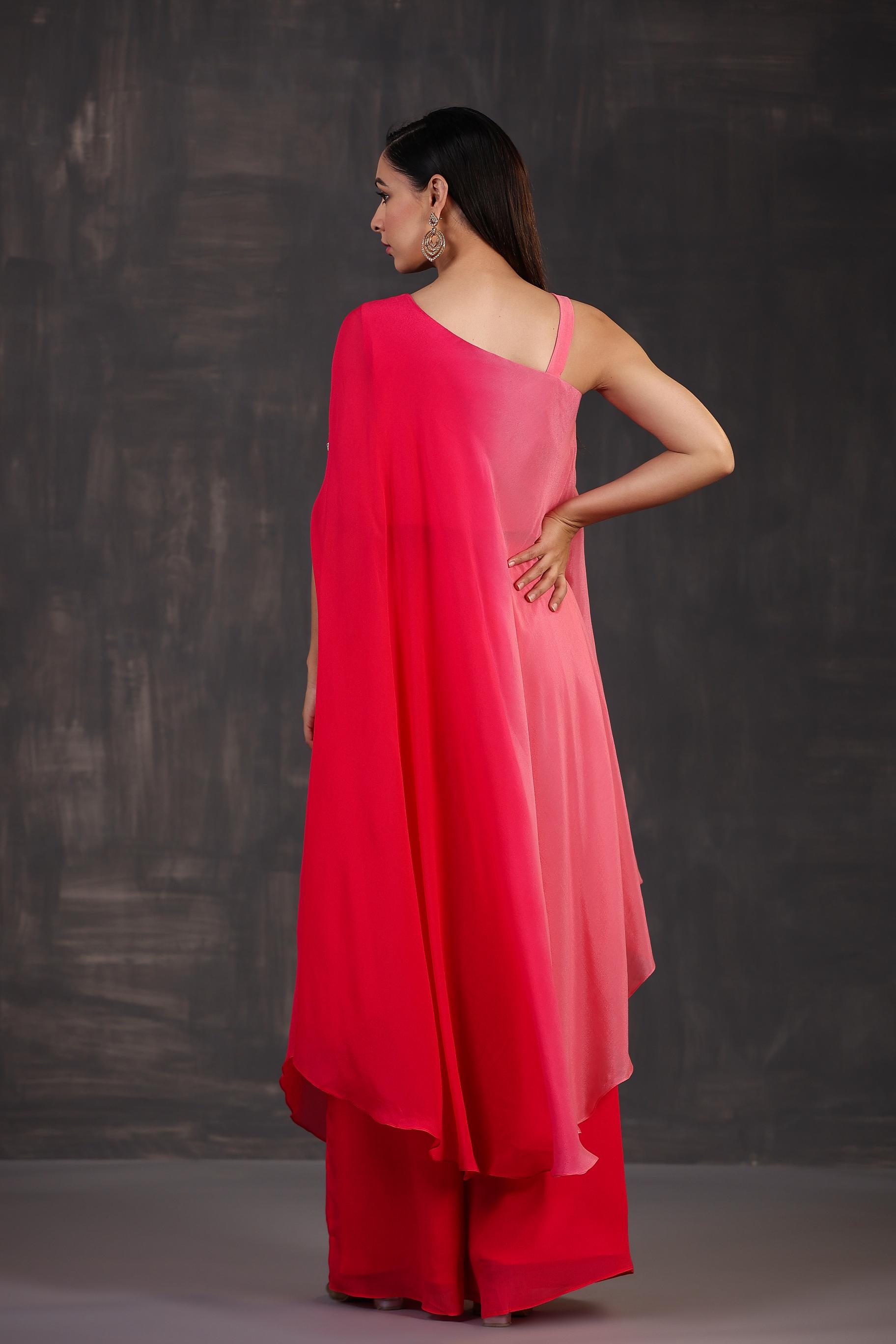 Hot Pink Ombre-Dyed Premium Georgette Silk Palazzo Set