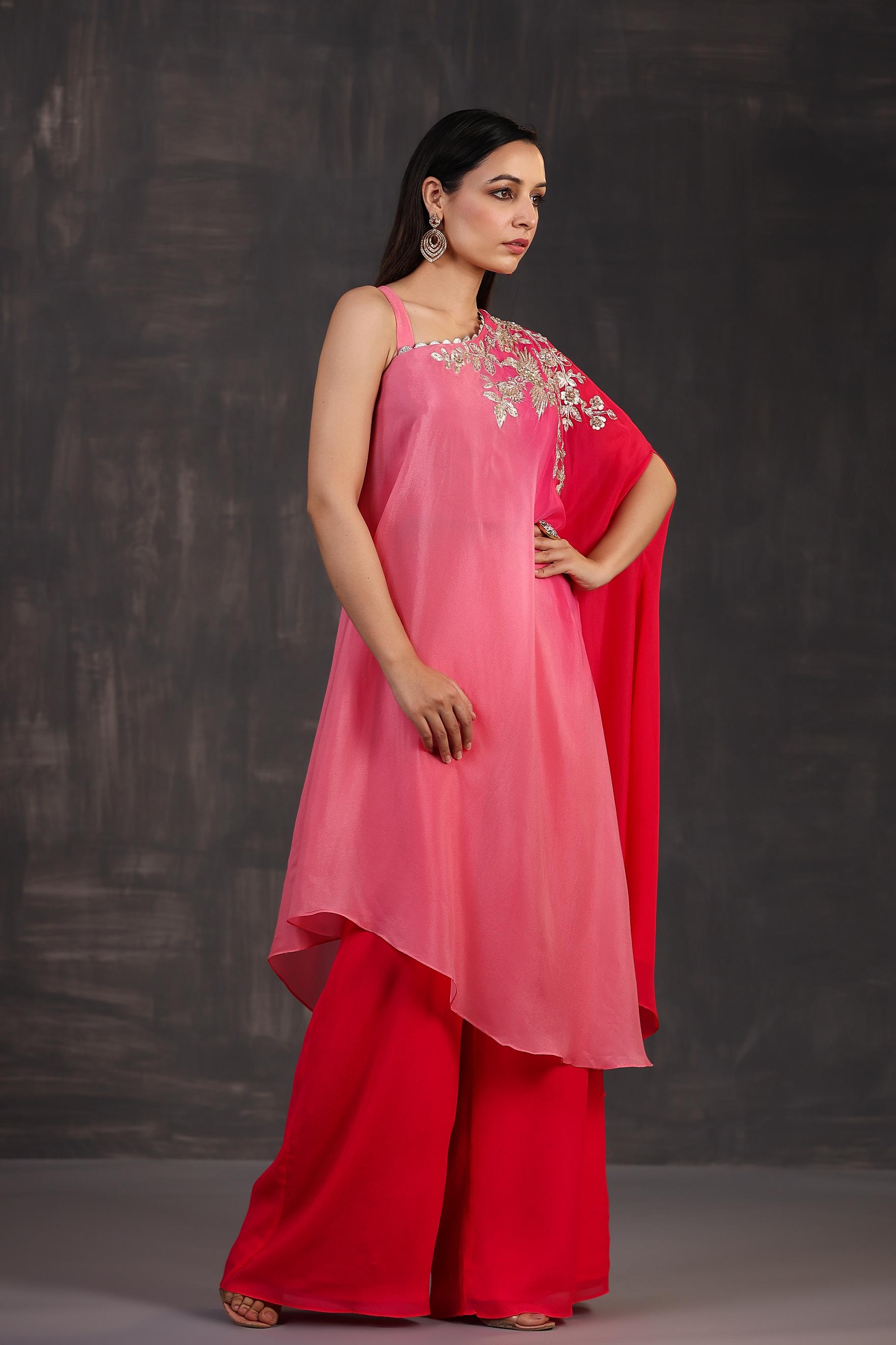 Hot Pink Ombre-Dyed Premium Georgette Silk Palazzo Set