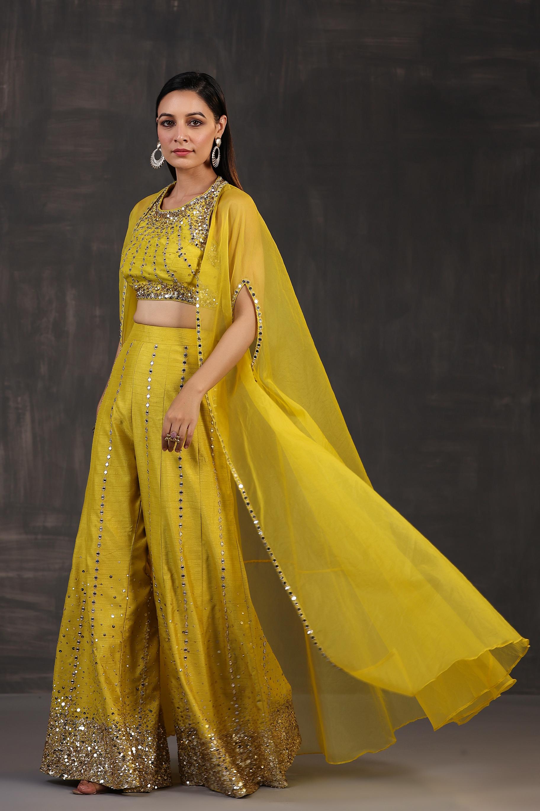 Corn Yellow Embellished Premium Organza Silk Cape Set