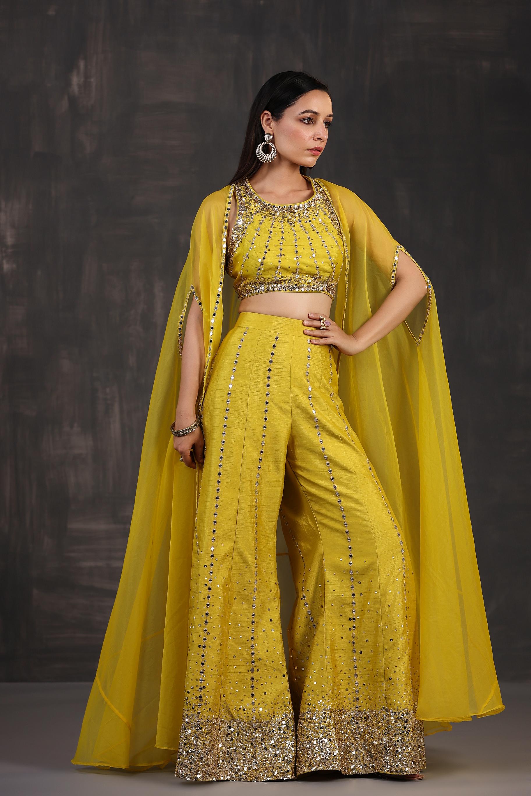 Corn Yellow Embellished Premium Organza Silk Cape Set