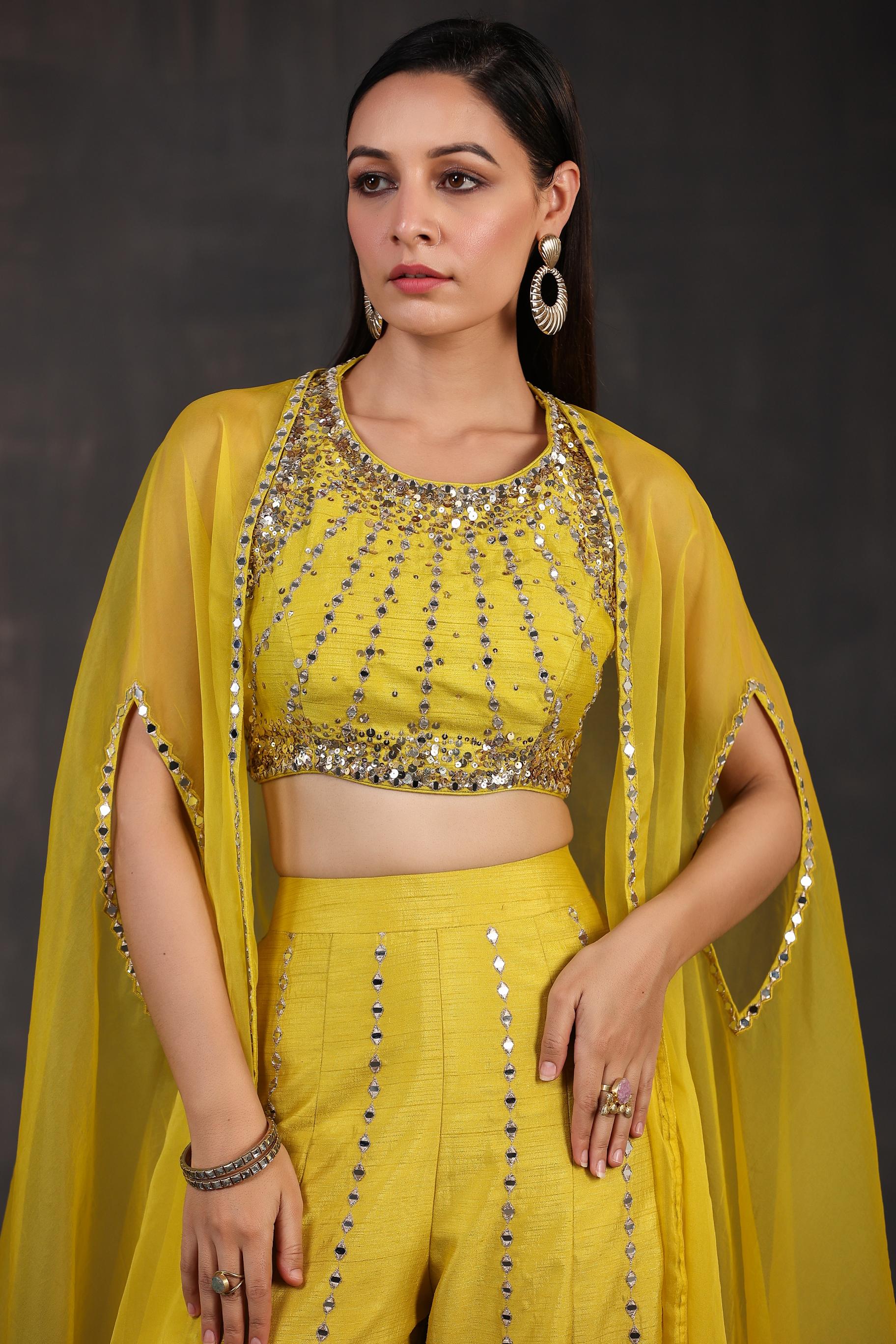 Corn Yellow Embellished Premium Organza Silk Cape Set