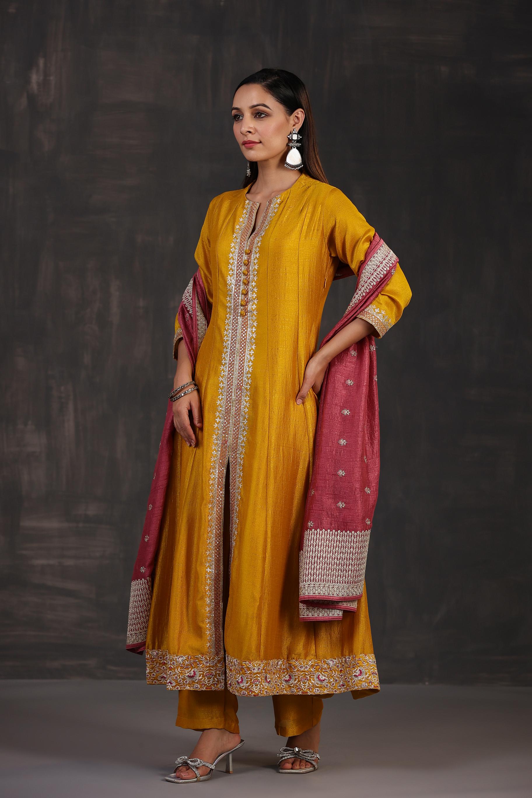 Golden Yellow Embellished Premium Silk Anarkali Set