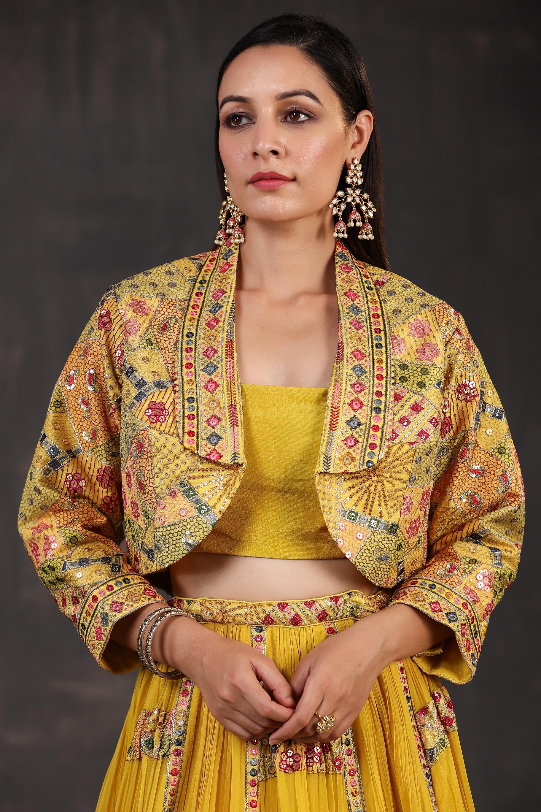 Bright Yellow Embroidered Premium Georgette Silk Lehenga Set