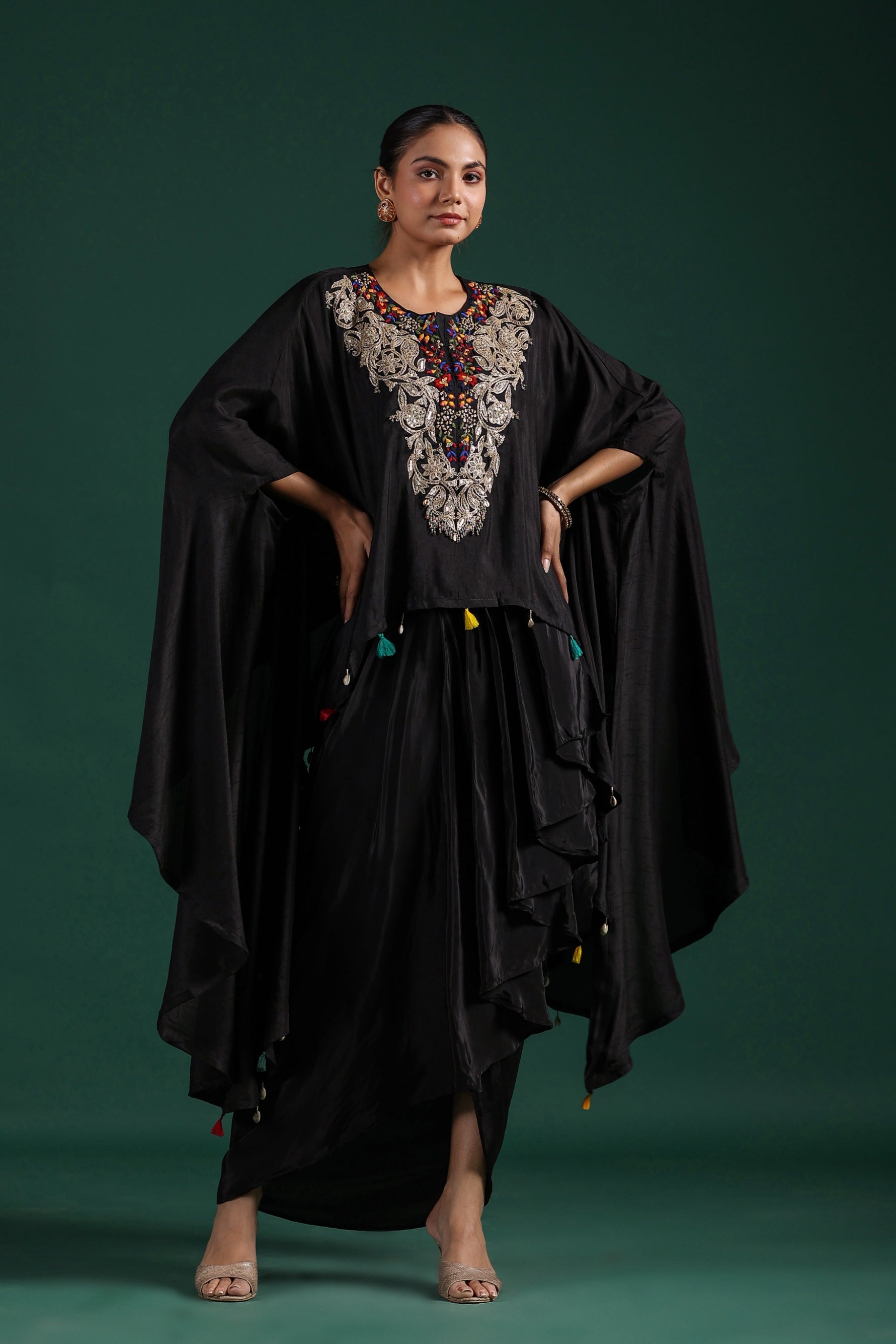 Black Embroidered Raw Silk Draped Skirt Set