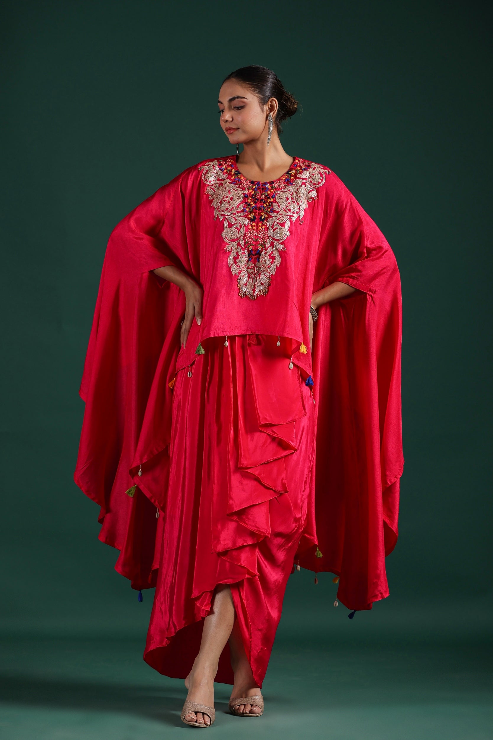 Red Embroidered Raw Silk Draped Skirt Set