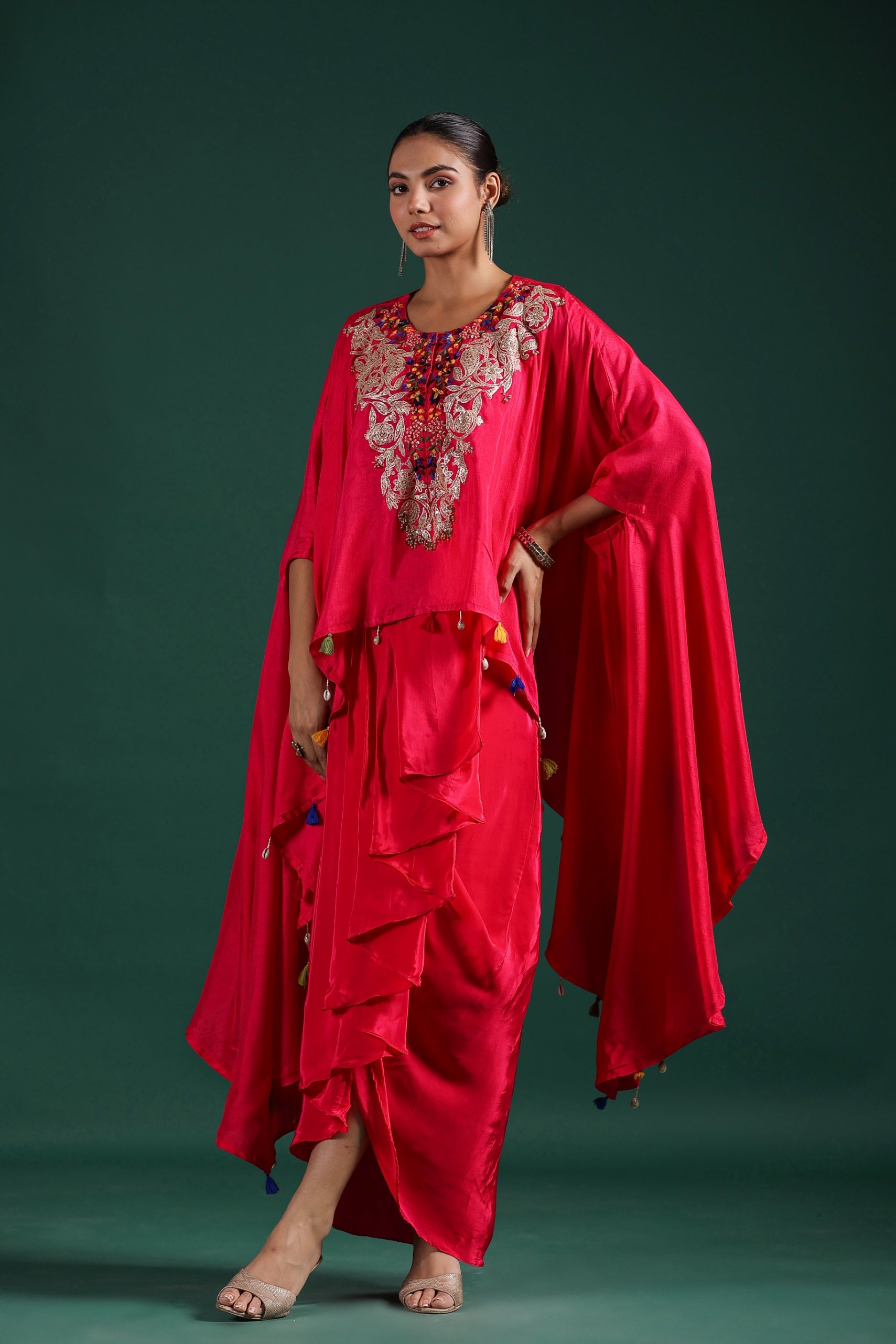 Red Embroidered Raw Silk Draped Skirt Set