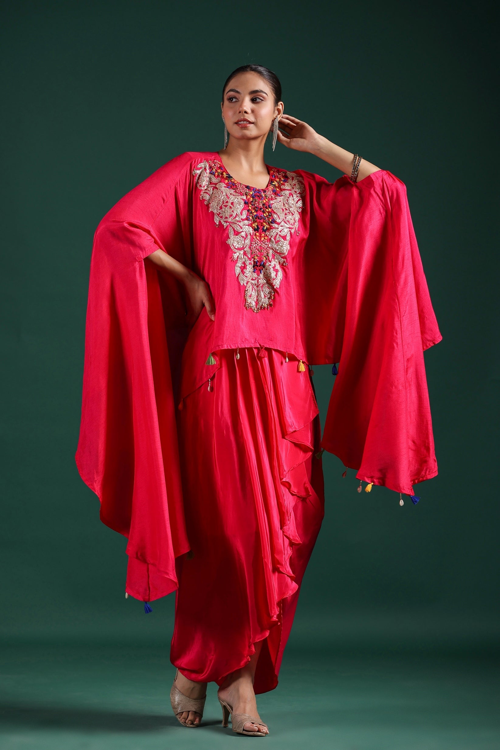 Red Embroidered Raw Silk Draped Skirt Set