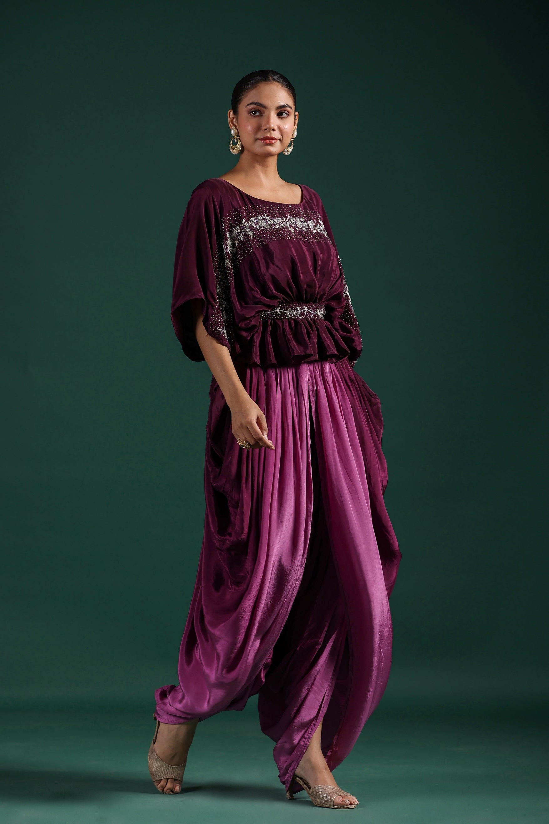 Wine Embellished Premium Silk Dhoti Set