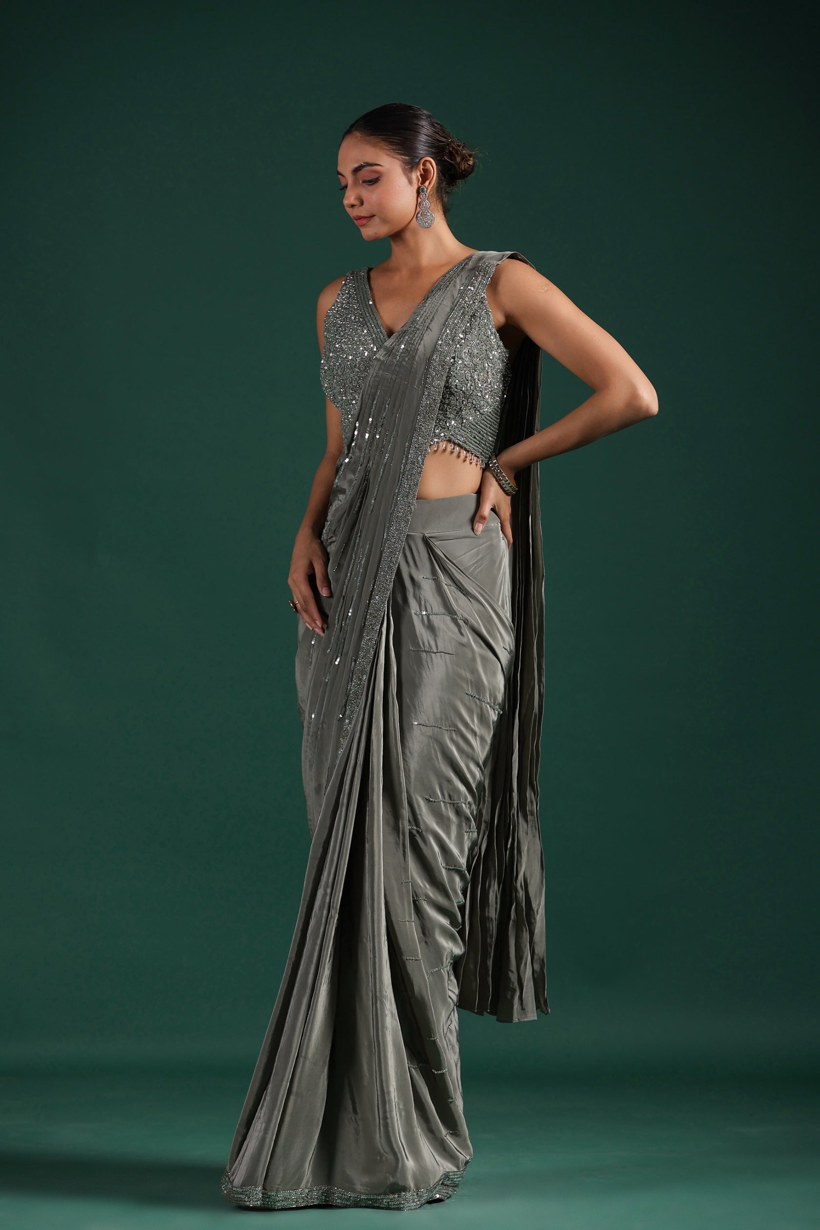 Silver Embellished Mulberry Silk Draped Saree