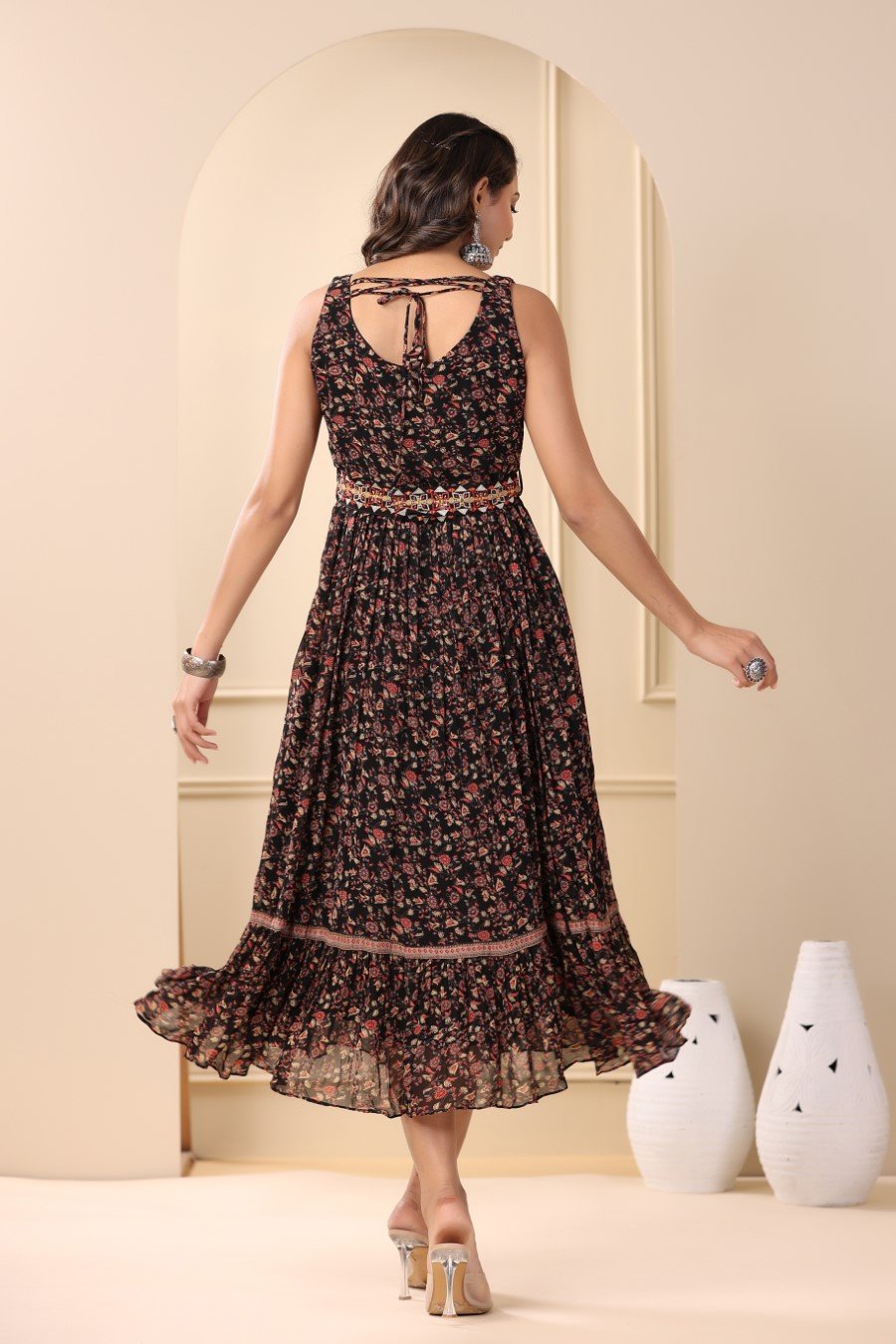 Black Floral Georgette Silk Dress