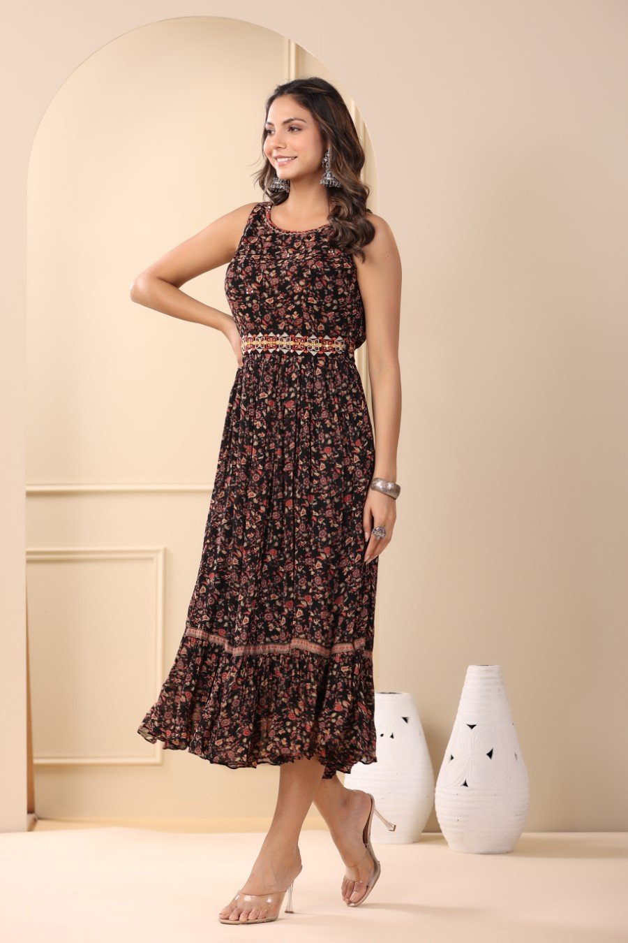 Black Floral Georgette Silk Dress