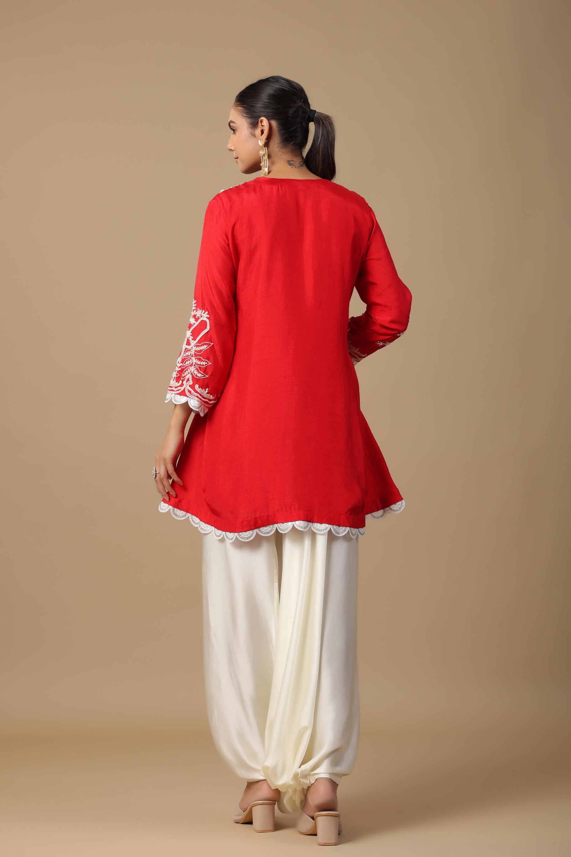 Red Embroidered Raw Silk Tunic & Afghani Pants Set