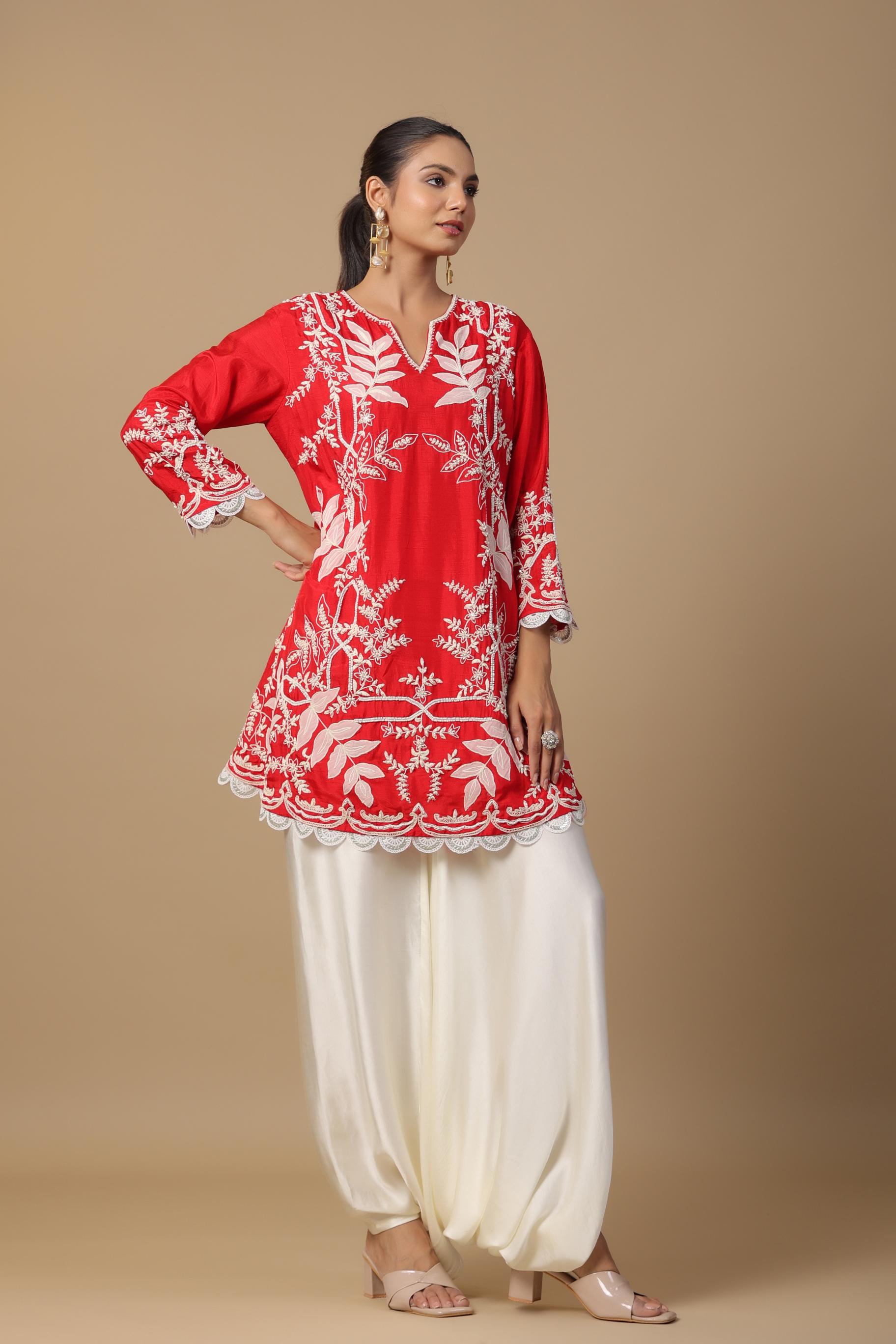 Red Embroidered Raw Silk Tunic & Afghani Pants Set