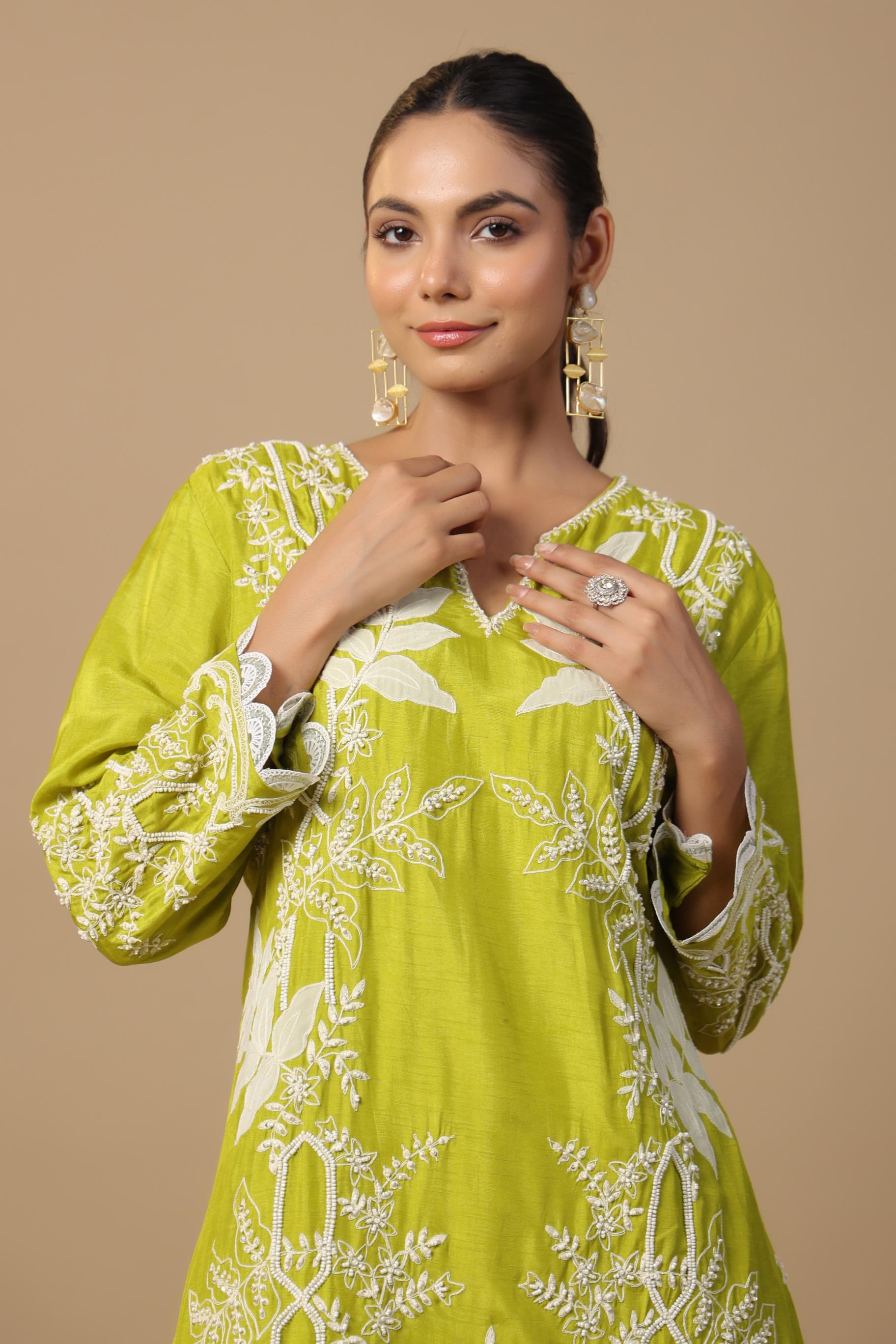 Pear Green Embroidered Raw Silk Tunic & Afghani Pants Set