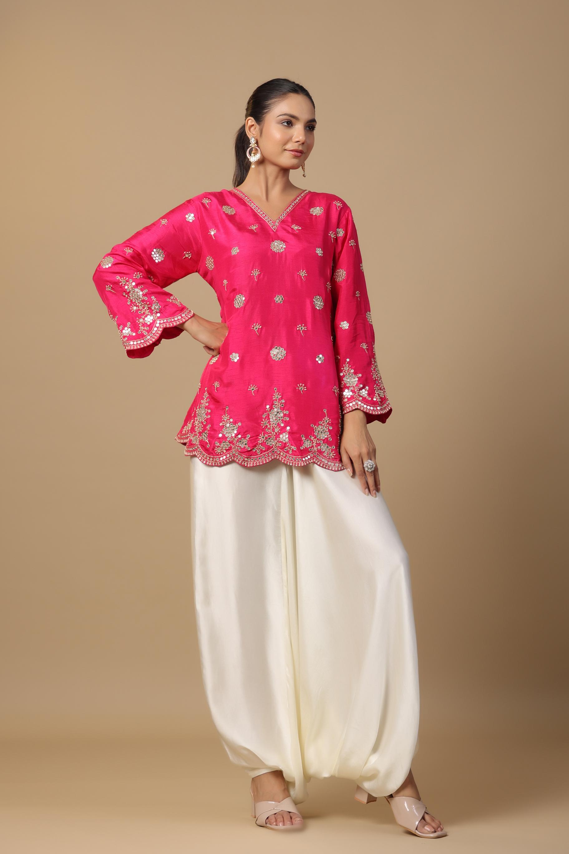 Hot Pink Embellished Satin Silk Tunic & Afghani Pants Set