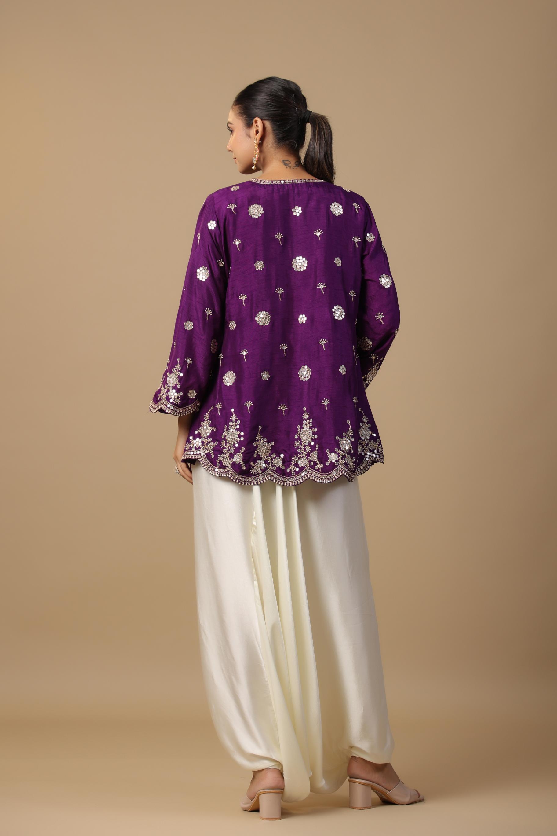 Purple Embellished Satin Silk Tunic & Afghani Pants Set