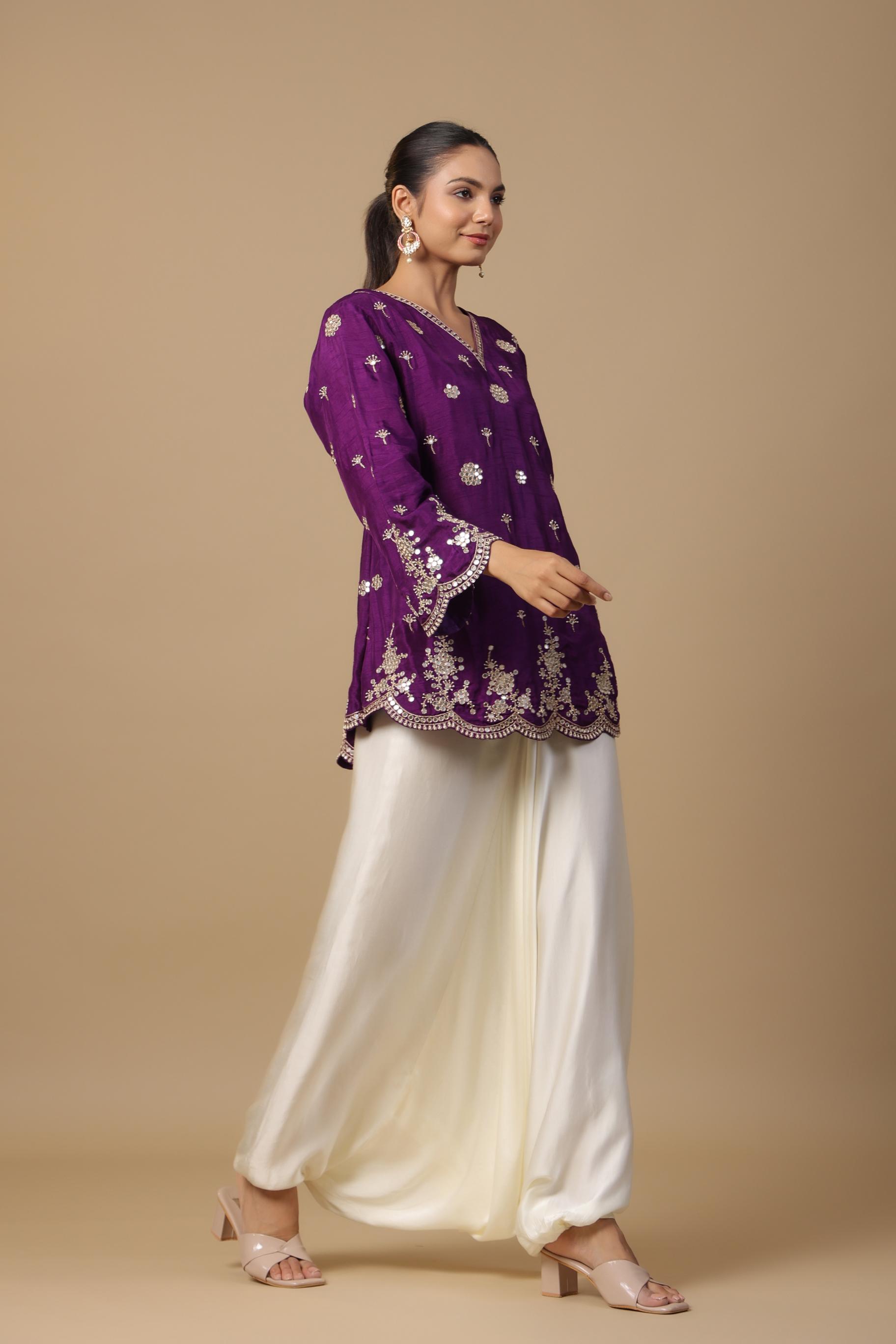 Purple Embellished Satin Silk Tunic & Afghani Pants Set