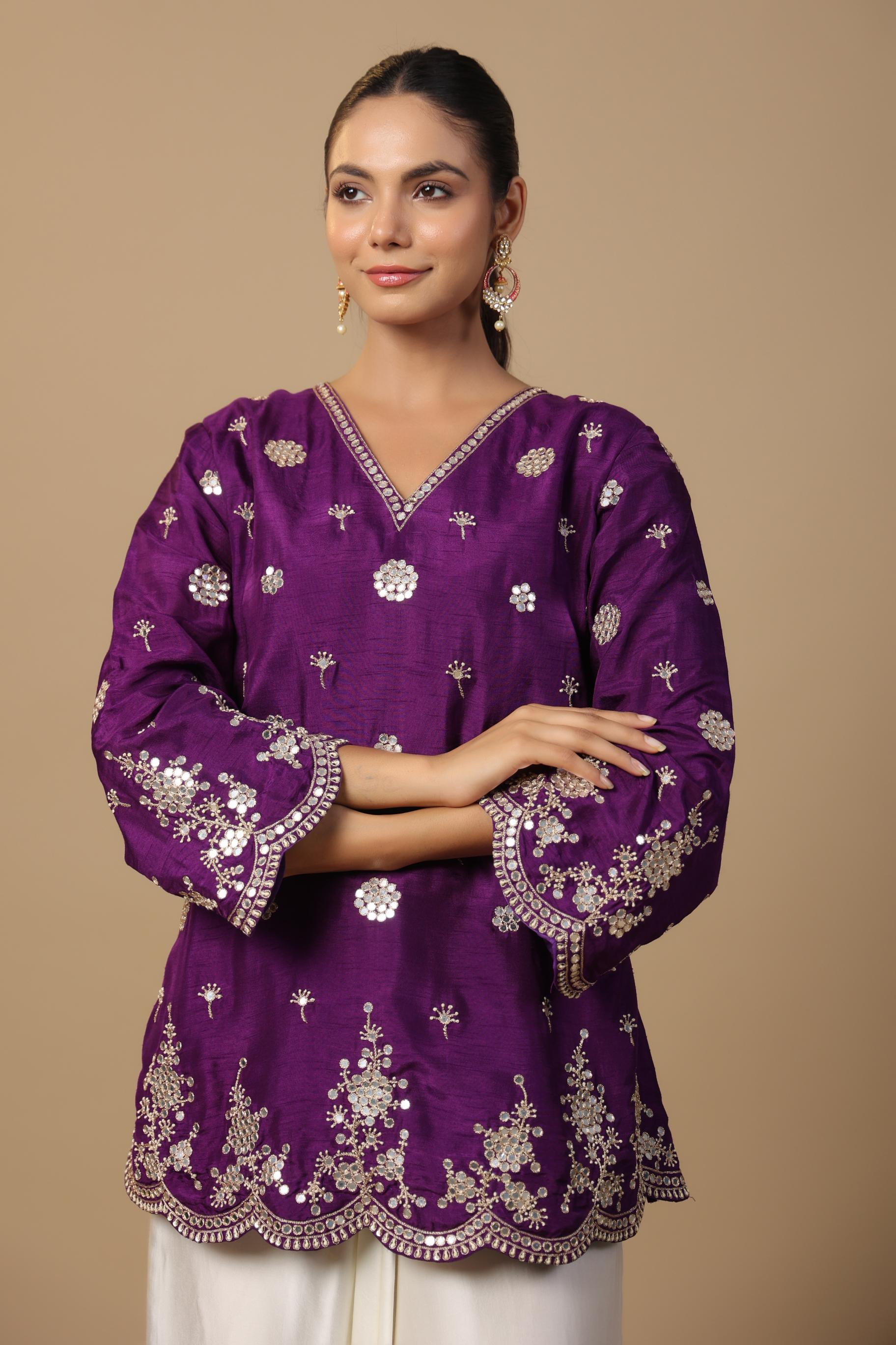 Purple Embellished Satin Silk Tunic & Afghani Pants Set