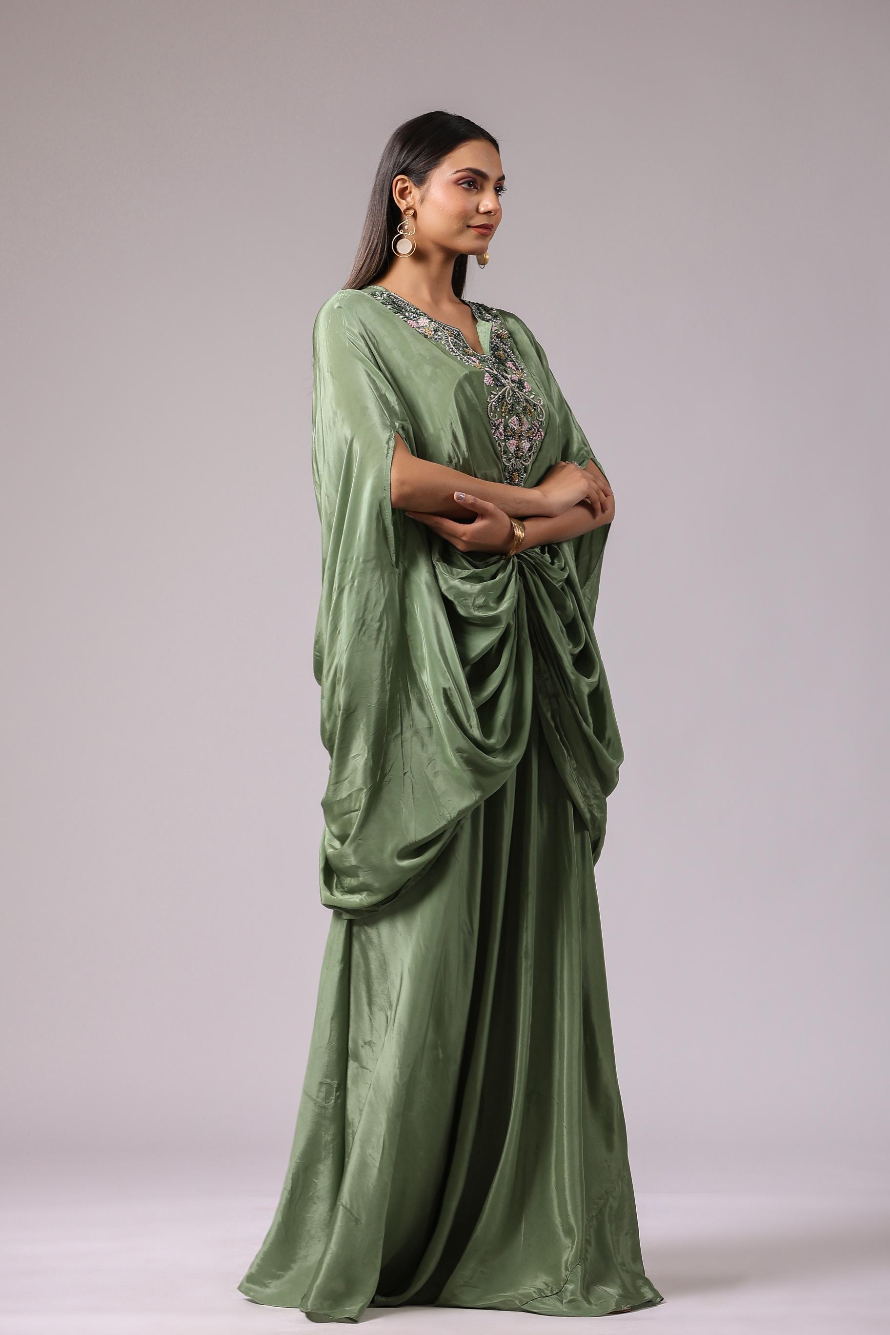 Fern Green Embroidered Crepe Silk Draped Gown