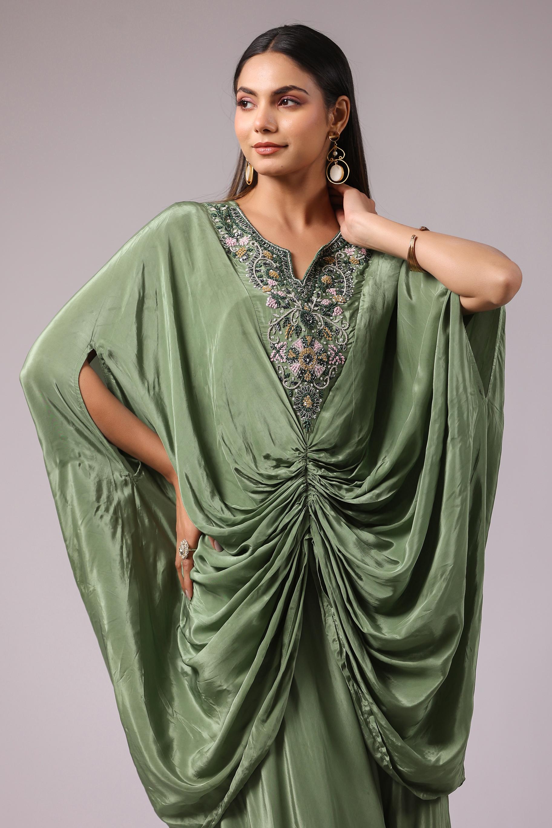 Fern Green Embroidered Crepe Silk Draped Gown