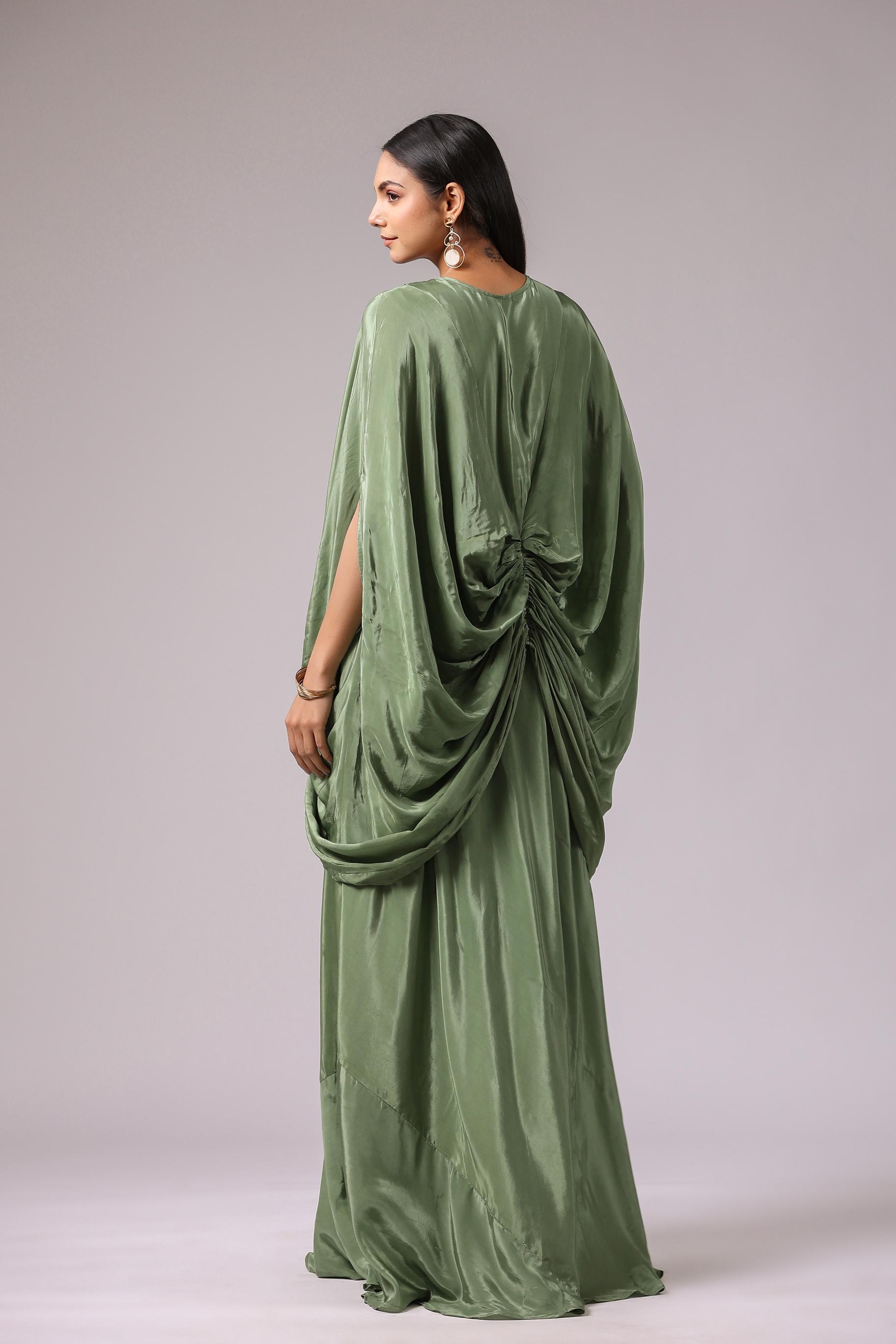 Fern Green Embroidered Crepe Silk Draped Gown