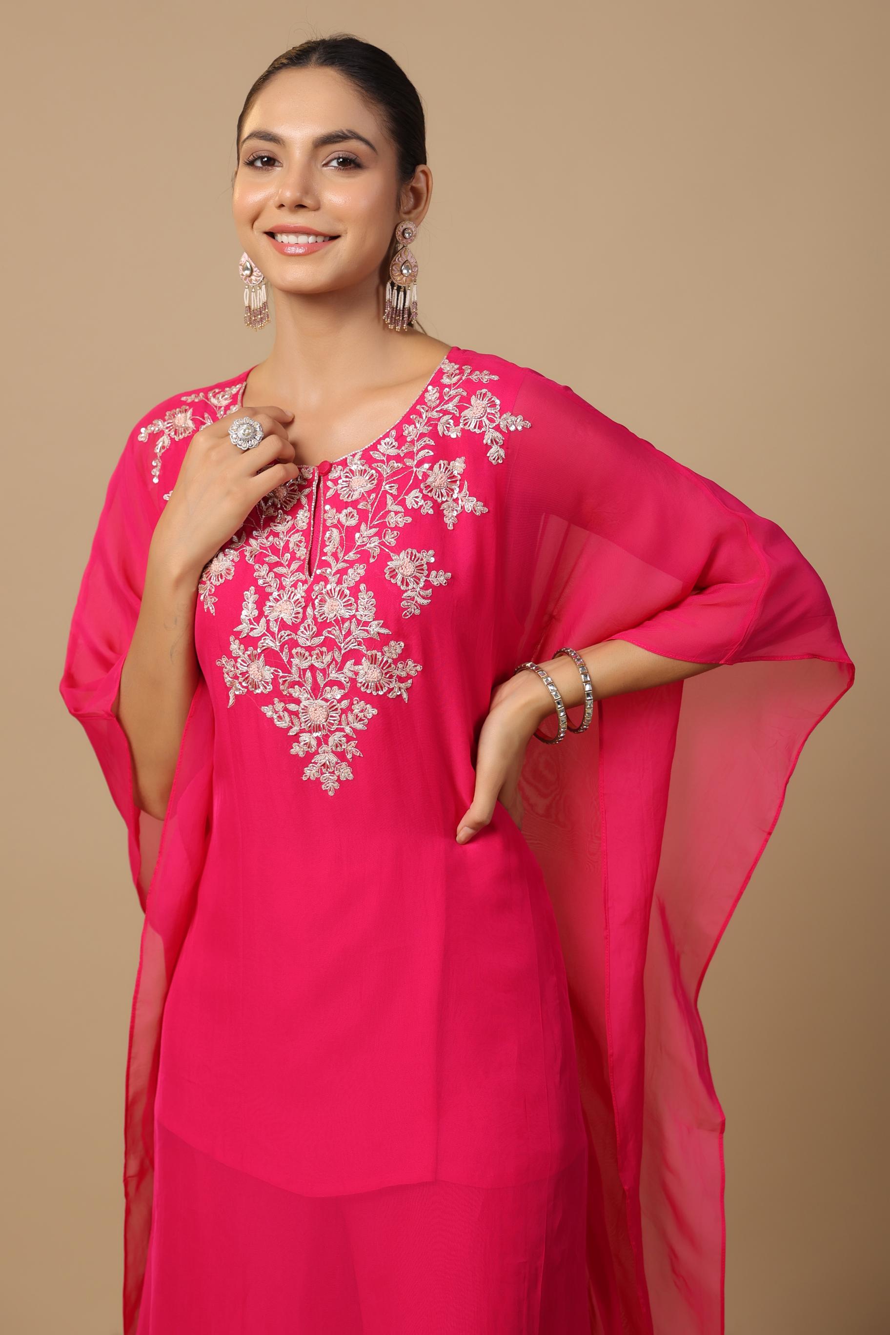 Rani Pink Embellished Premium Organza Silk Kaftan Set