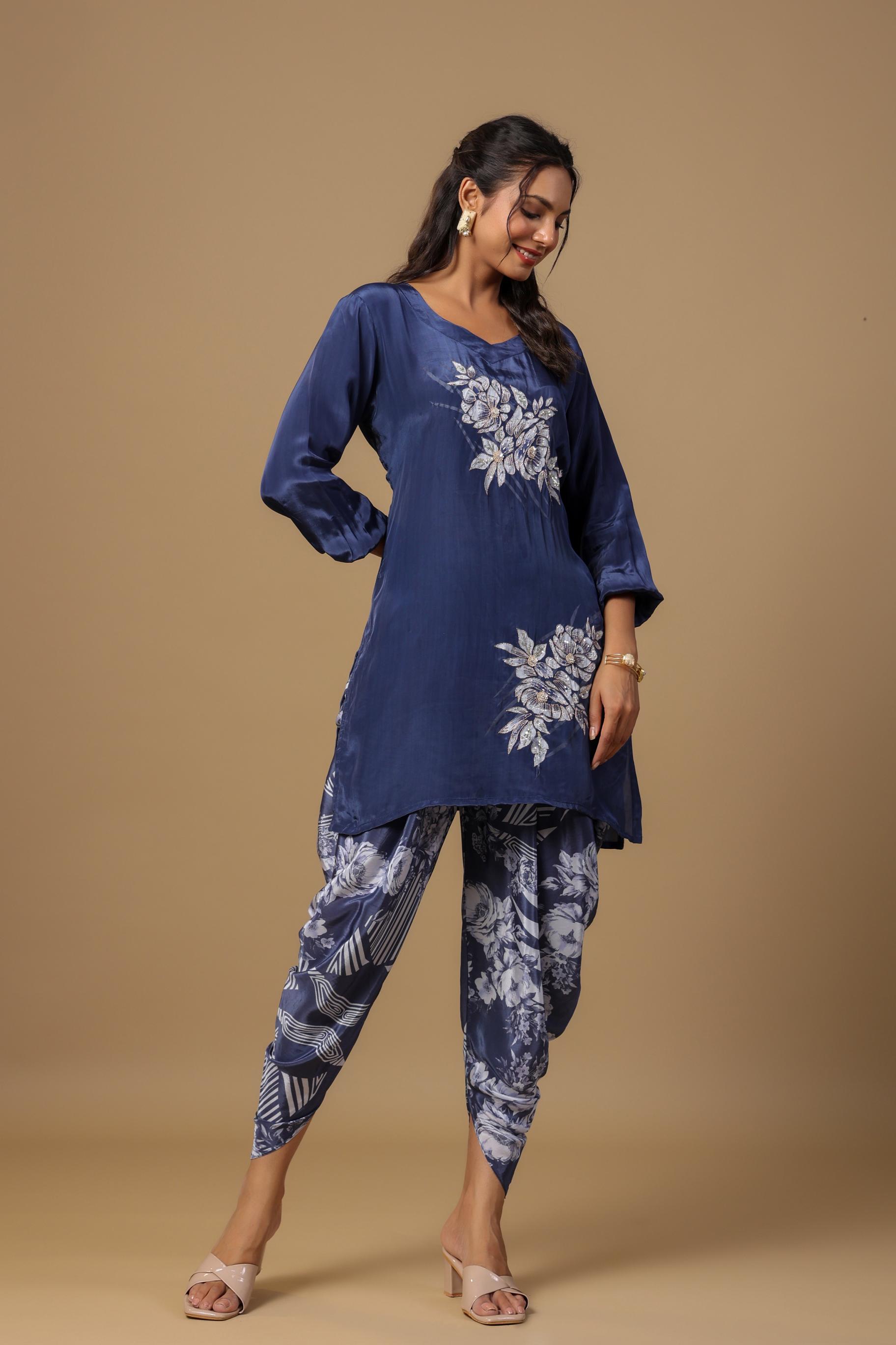 Blue Floral Embroidered Habutai Silk Co-Ord Set