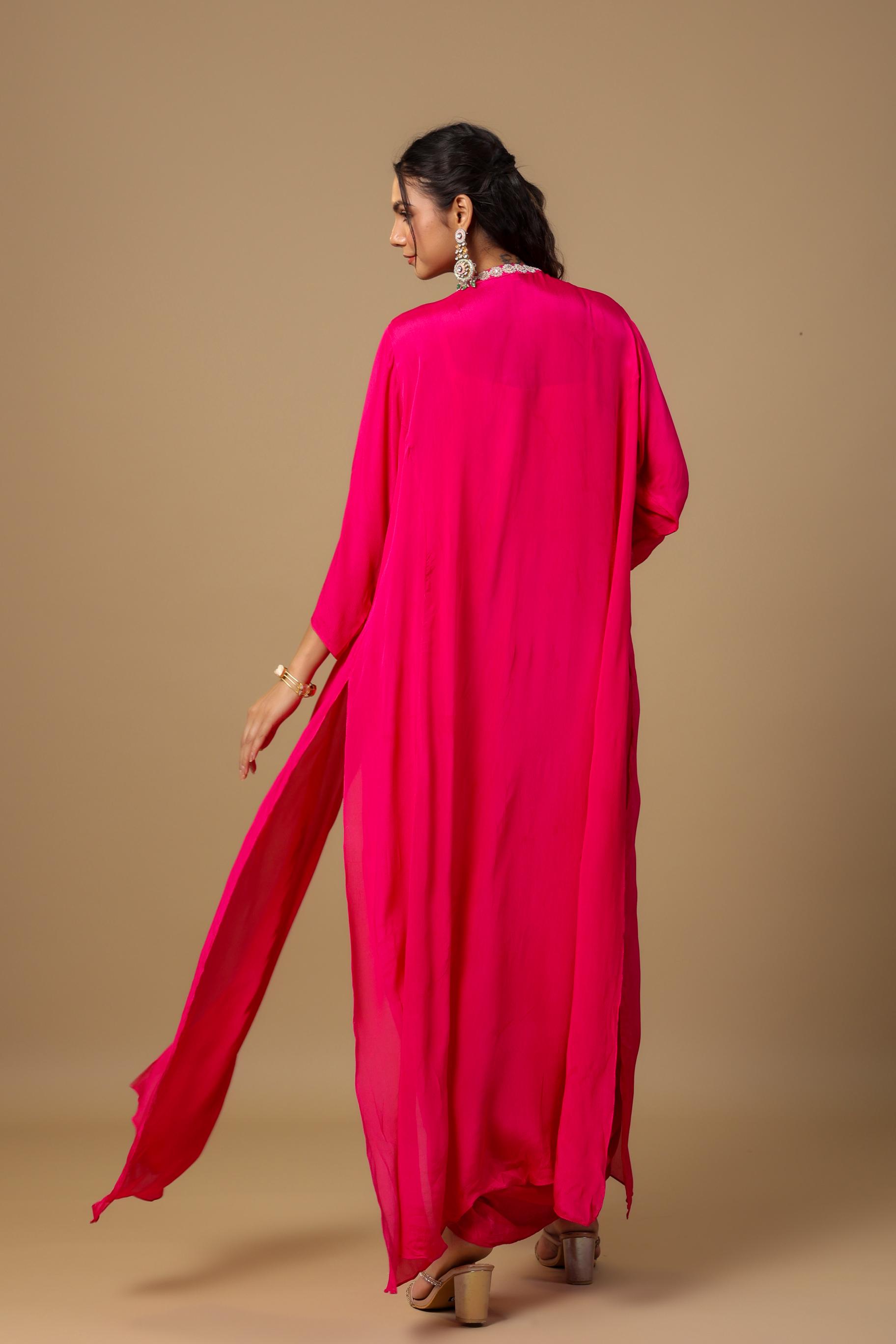 Rani Pink Embellished Premium Chinon Silk Cape Gown