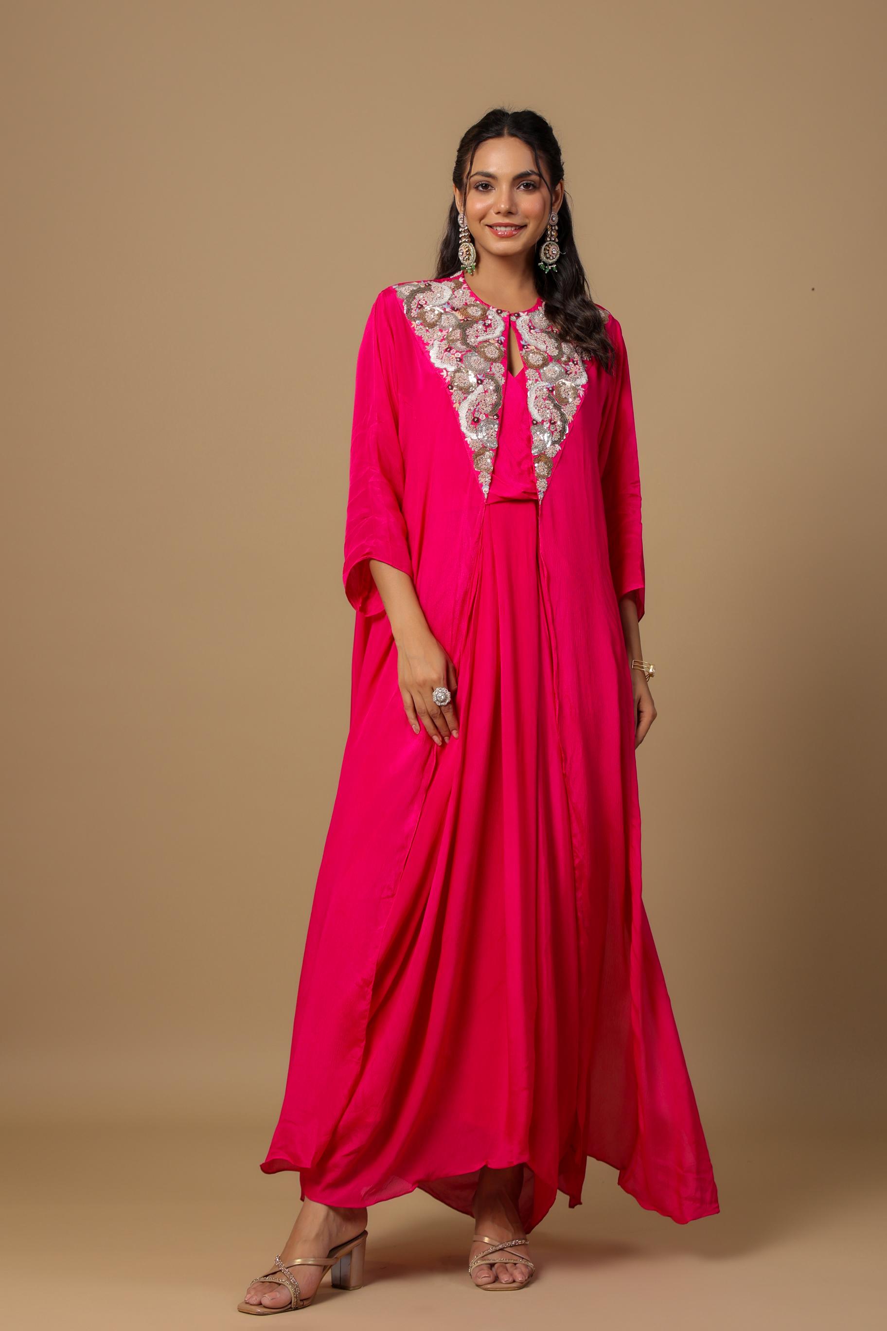 Rani Pink Embellished Premium Chinon Silk Cape Gown