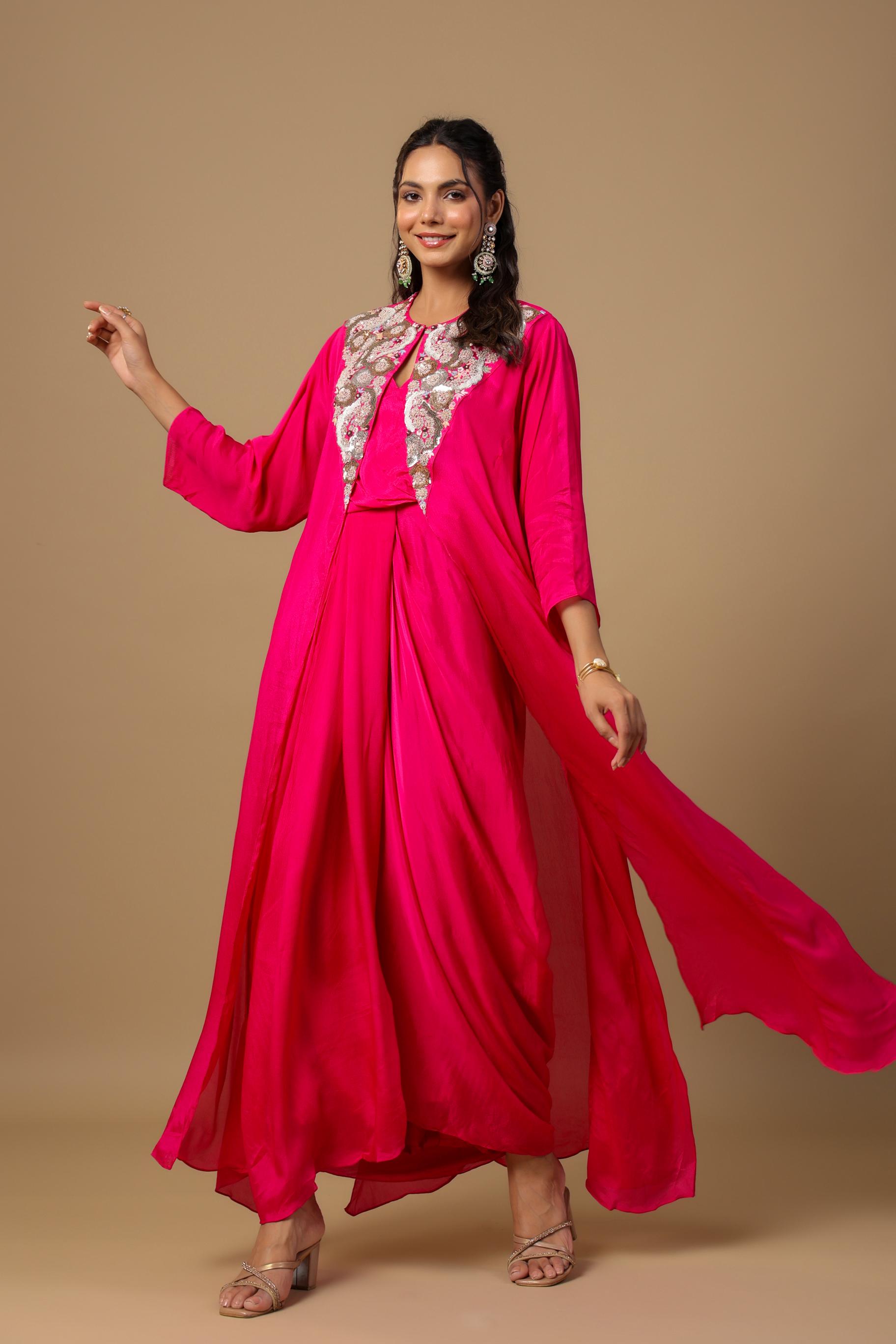 Rani Pink Embellished Premium Chinon Silk Cape Gown